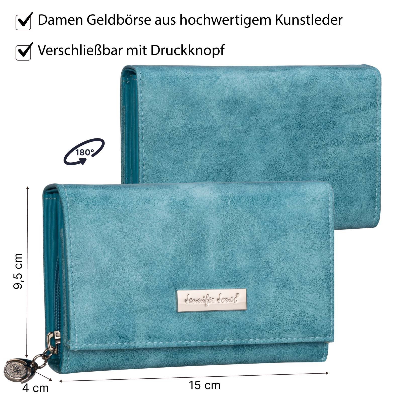 Jennifer Jones Geldbörse JENNIFER JONES Damen Geldbörse Portemonnaie Türkis, Damen Geldbörse klappbar mit Reißverschluss Portemonnaie Geldbeutel