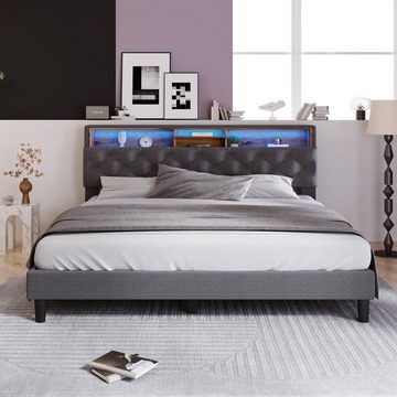 WISHDOR Polsterbett Doppelbett MassivholzBett (140*200CM Grau(Ohne Matratze), Intelligenter LED-Streifen, für Schlafzimmer