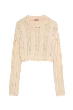 QUZU Strickpullover Cropped Kurzer Pullover Zopfmuster Beige Oversize (1tlg)