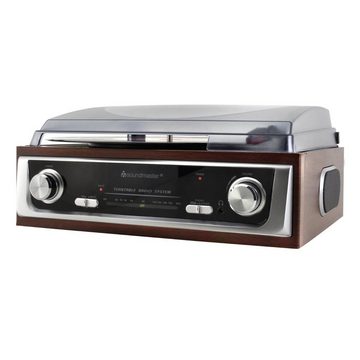 Soundmaster PL196H Plattenspieler Radio Stereo-Lautsprecher Echtholz Retro Radioplattenspieler (Riemenantrieb, Radio, Kopfhörer, RCA Audio Ausgang, eingebaute Stereo Lautsprecher)