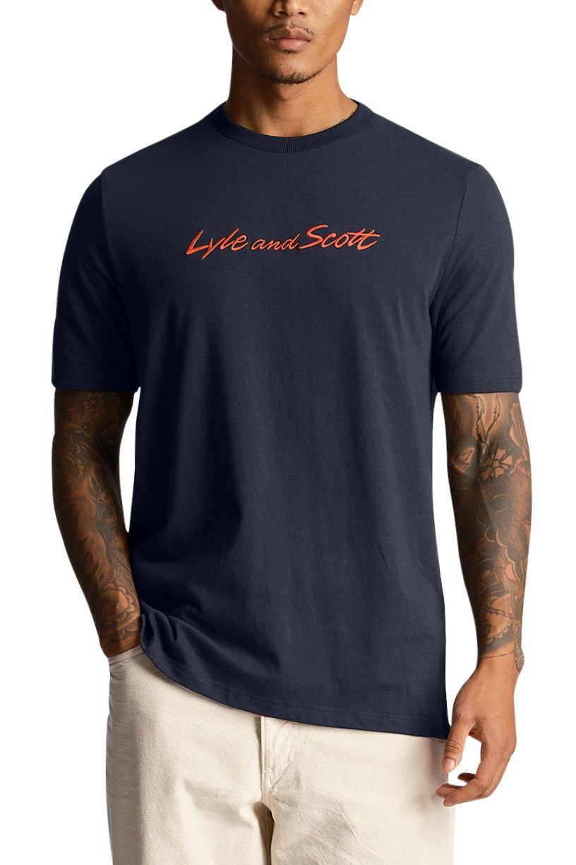 Bestseller Lyle & Scott T-Shirt Orange Brustprint Mit Dunkelmarine/Sorrel