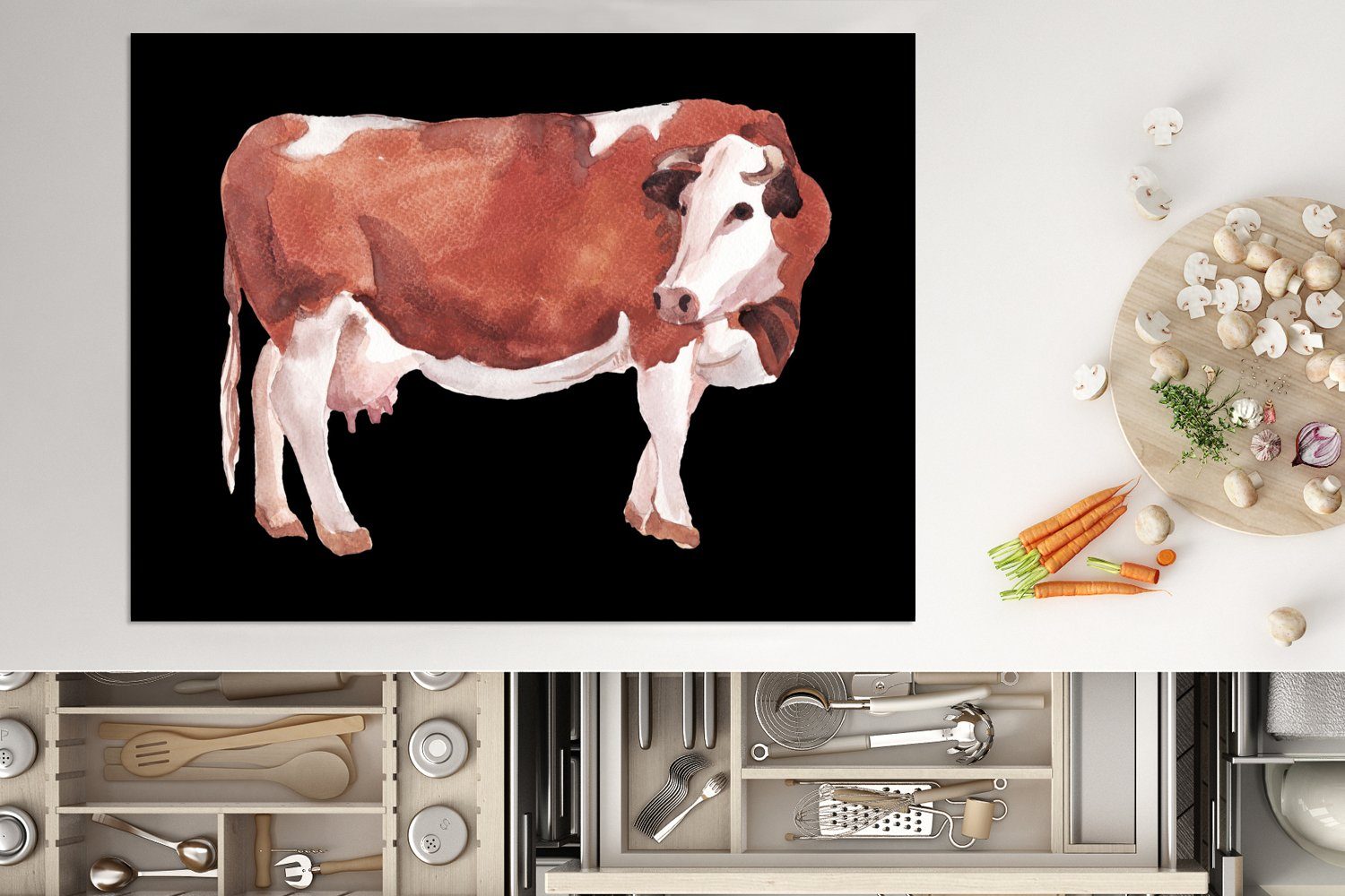 MuchoWow Herdblende-/Abdeckplatte 70x52 Ceranfeldabdeckung Kuh Mobile (1 Zeichnung - Schwarz, cm, nutzbar, Arbeitsfläche Vinyl, tlg), 