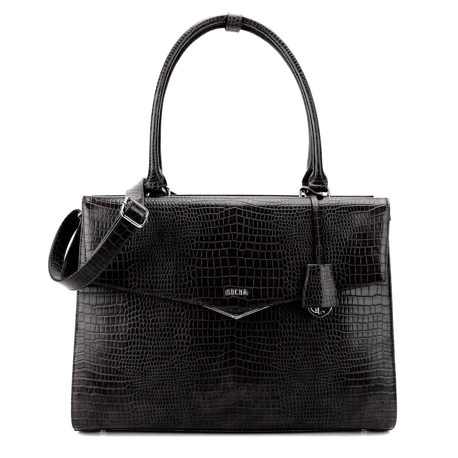 SOCHA Aktentasche Kroko Silver Tip 15.6 Zoll, - elegante Laptoptasche für Damen - Businesstasche mit Vollausstattung - Schultergurt schwarz