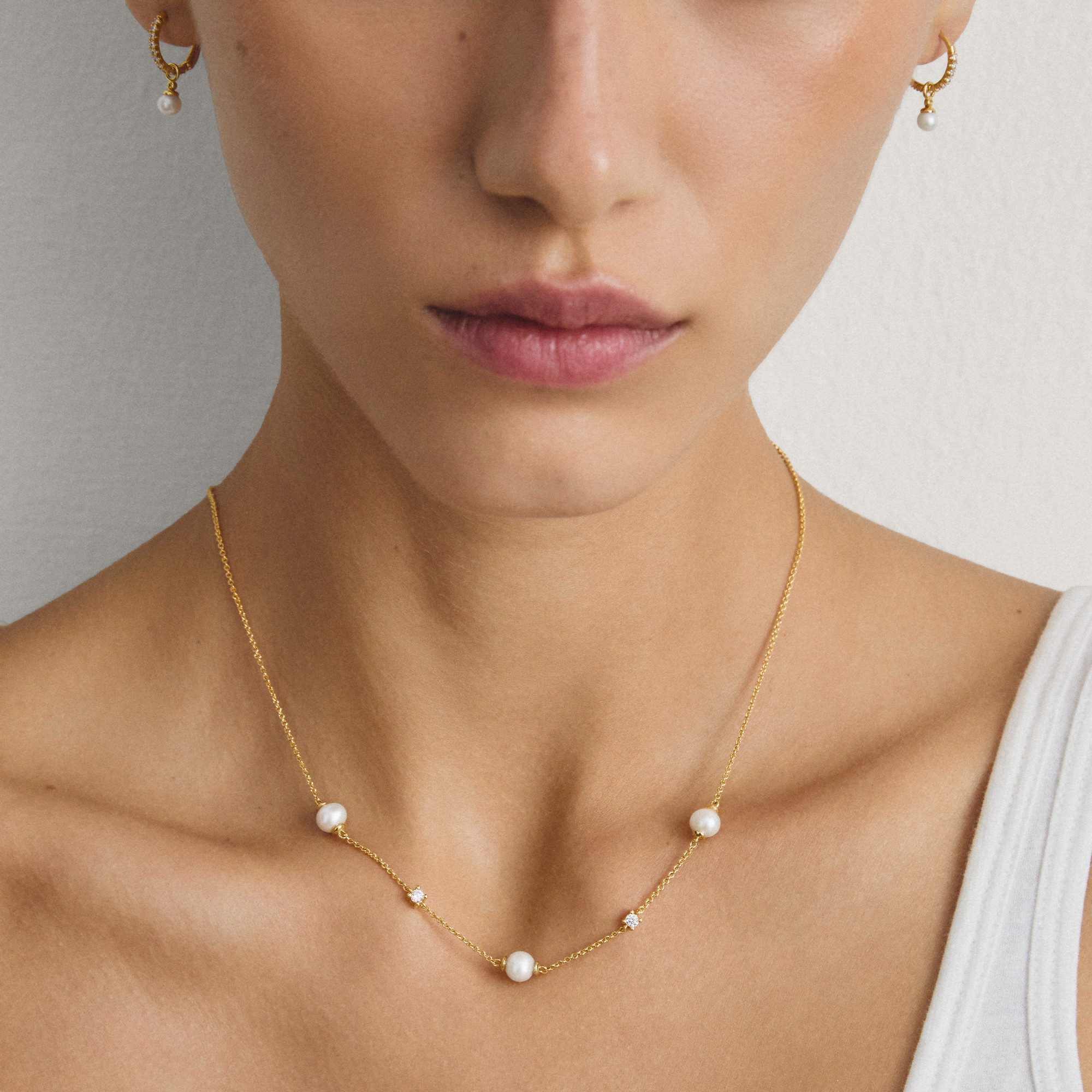THOMAS SABO Kette mit Anhänger Kette mit Perlen gelbgoldfarben, mit Zirkonia (synth) - mit Süßwasserzuchtperle