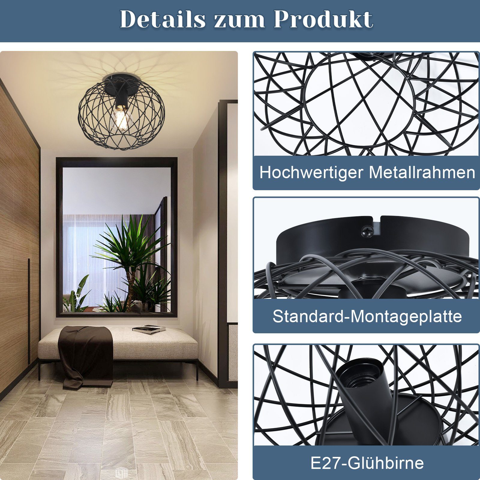 Nettlife Deckenleuchte 1 Flammig Deckenlampe Vintage E27 Flurlampe Schwarz Flur Küchenlampe, LED wechselbar, Flur Schlafzimmer Küche – Bild 3 von 5