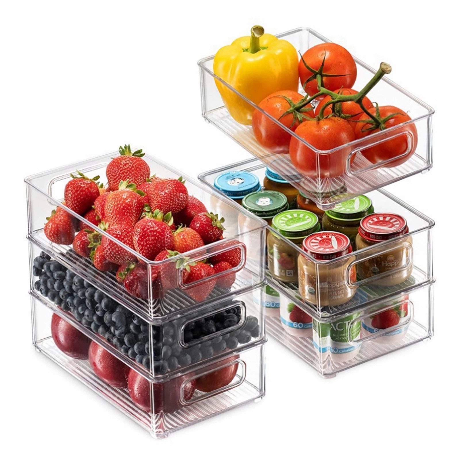 PFCTART Korbeinsatz Kühlschrank Organizer & Küchenschrank Organizer 6er Set transparent, Zubehör für Küchen Organizer mit 16 Aufklebern, Stapelbar & BPA-frei – ideal für Kitchen Storage & Organisation