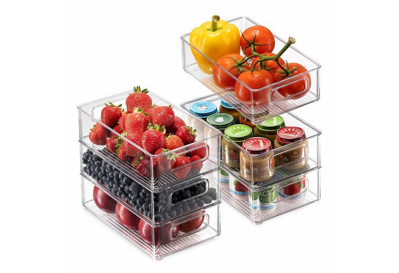PFCTART Korbeinsatz Kühlschrank Organizer & Küchenschrank Organizer 6er Set transparent, Zubehör für Küchen Organizer mit 16 Aufklebern, Stapelbar & BPA-frei – ideal für Kitchen Storage & Organisation