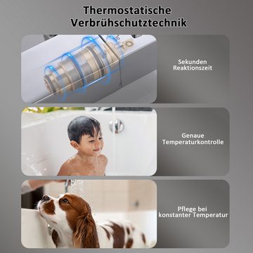 Synlyn Duschsystem mit Thermostat und verstellbarer Regenbrause, Duscharmatur Komplettset, Modernes quadratisches Design, 81-117,5cm in der Höhe verstellbar