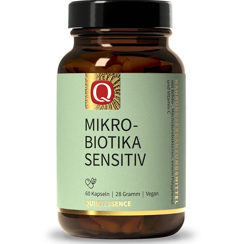 Quintessence Mikrobiotika Sensitiv – Probiotika Komplex mit 8 Bakterienstämmen -60 Kapseln, 28 g, Hochwertige Premiumqualität - vegan - Vitamin C, Leinsamen & Quercetin