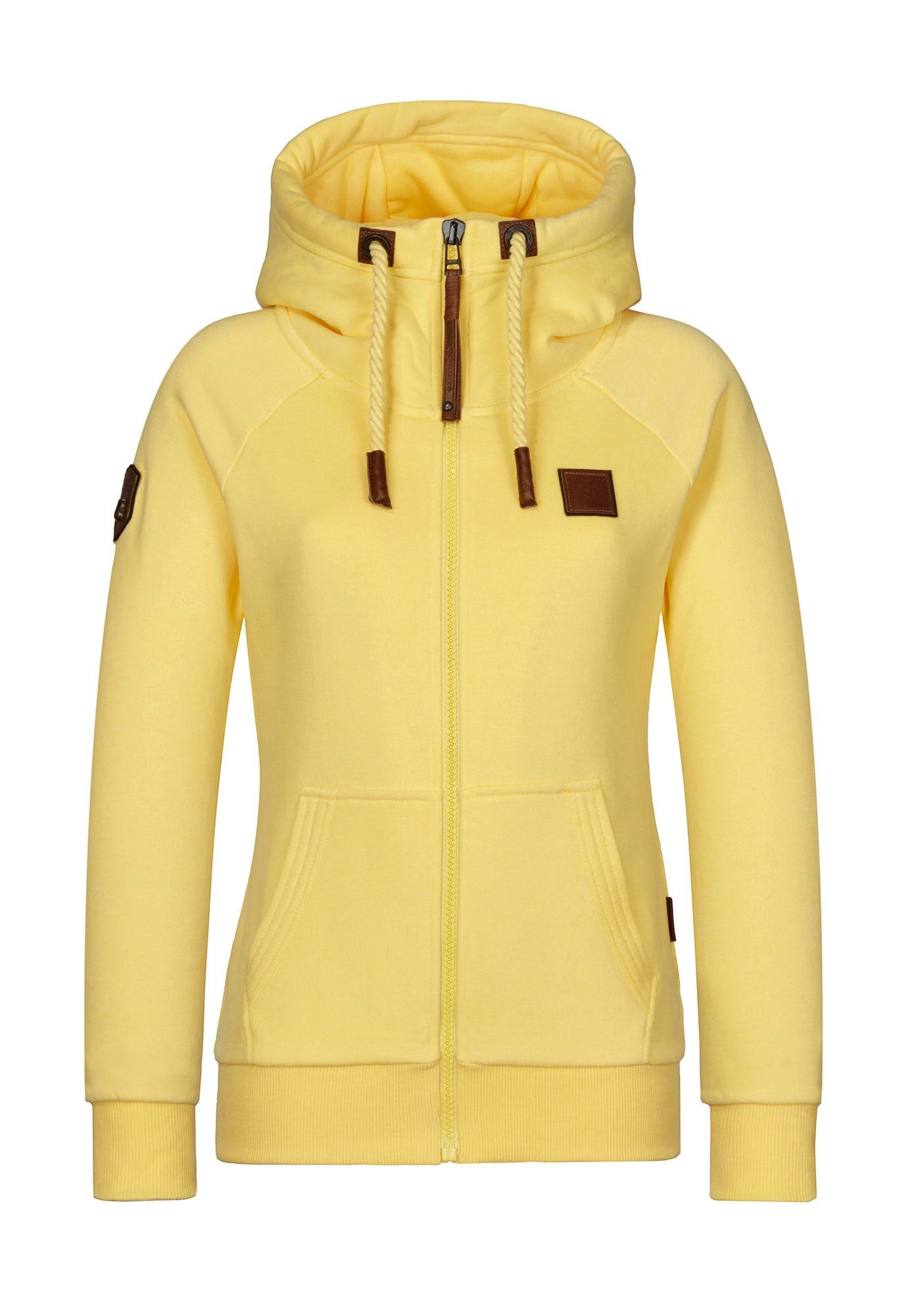 naketano Sweatjacke Damen mit Kapuze, Kängurutasche, tailliert, melierte Sweatware, Raglan Kordelzug, Rippbündchen, Kunstleder-Logo, casual, Streetwear, Langarm