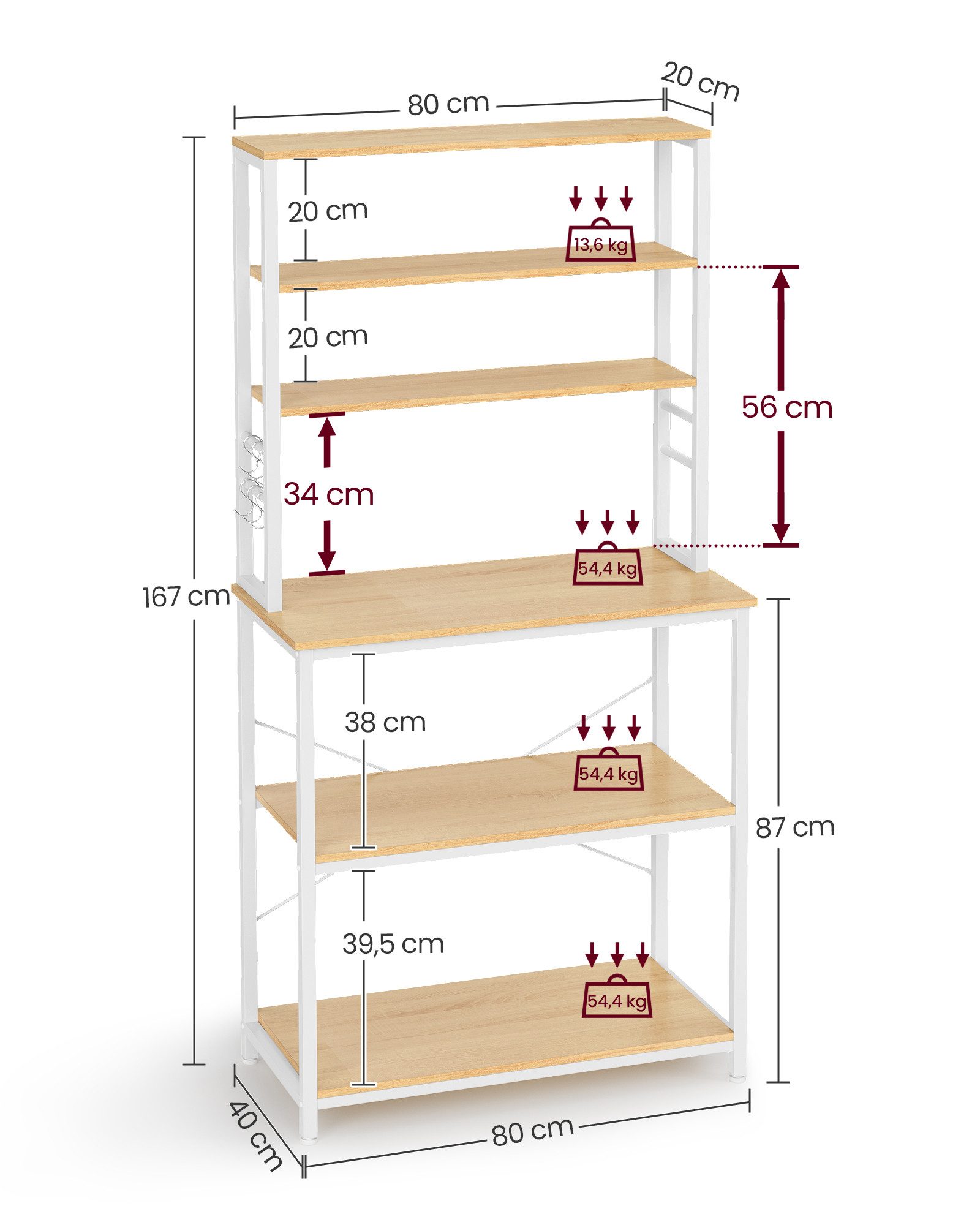 VASAGLE Standregal Küchenregal, Mikrowellen-Regal, 6 Haken, 6 Ablagen, 40 x 80 x 167 cm, Stahlrahmen, Industrie-Design