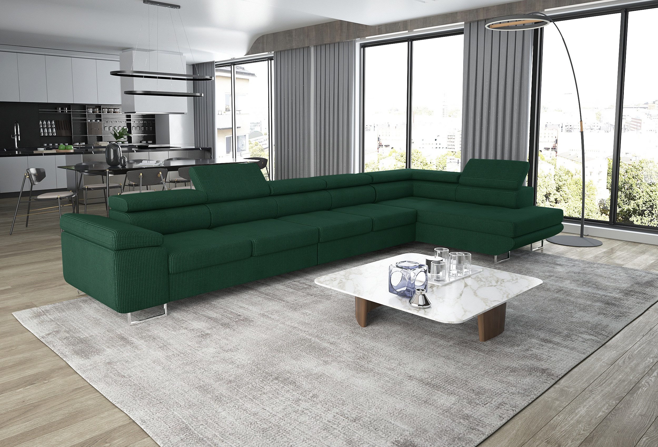 thematys Ecksofa ASTON MAXI 405 x 203cm mit Schlaffunktion & Bettkasten –, L-Sofa mit 5 verstellbaren Kopfstützen, Samt (Monolith), Cord (Poso) - L-Form, XL-Wohnlandschaft, 405 cm breit