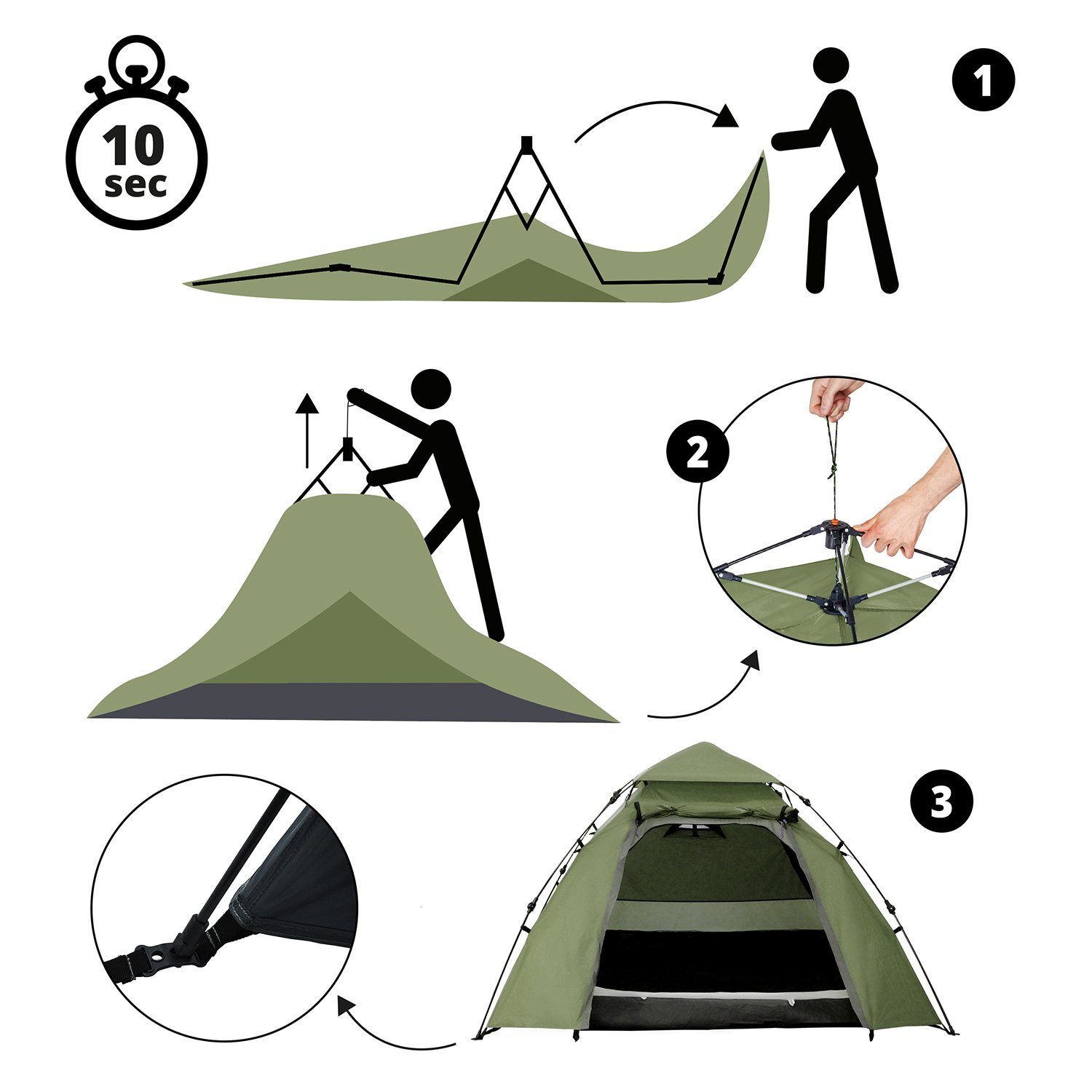 Wurfzelt 3, in aufgebaut, Pop Kuppelzelt robust Camping Sekunden Personen: grau Lumaland 10 215x195x120cm wasserfest Festival Up