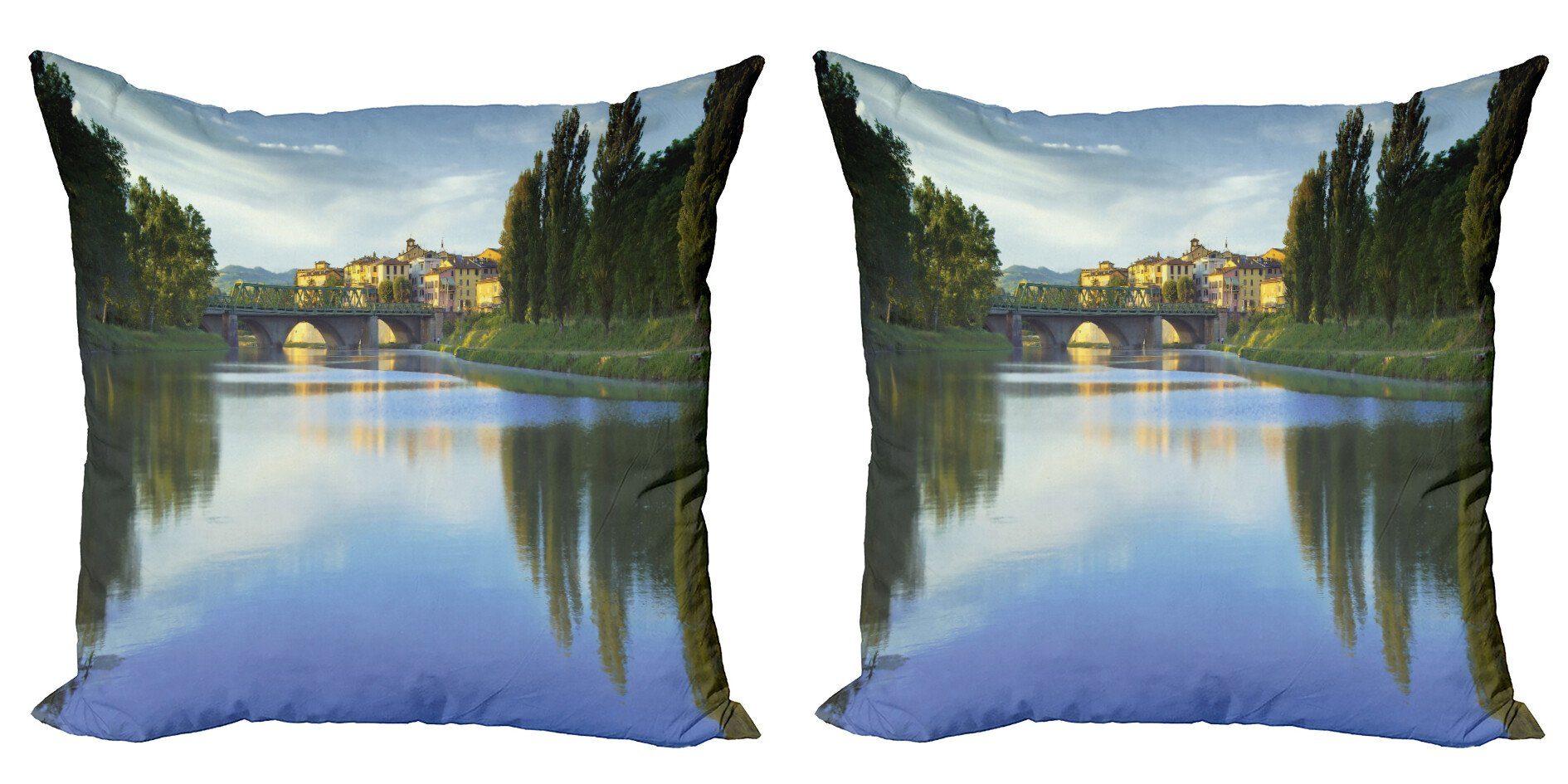 Kissenbezüge Modern Accent Doppelseitiger Digitaldruck, Abakuhaus (2 Stück), Natur Fluss-Brücke Stadt Bäume