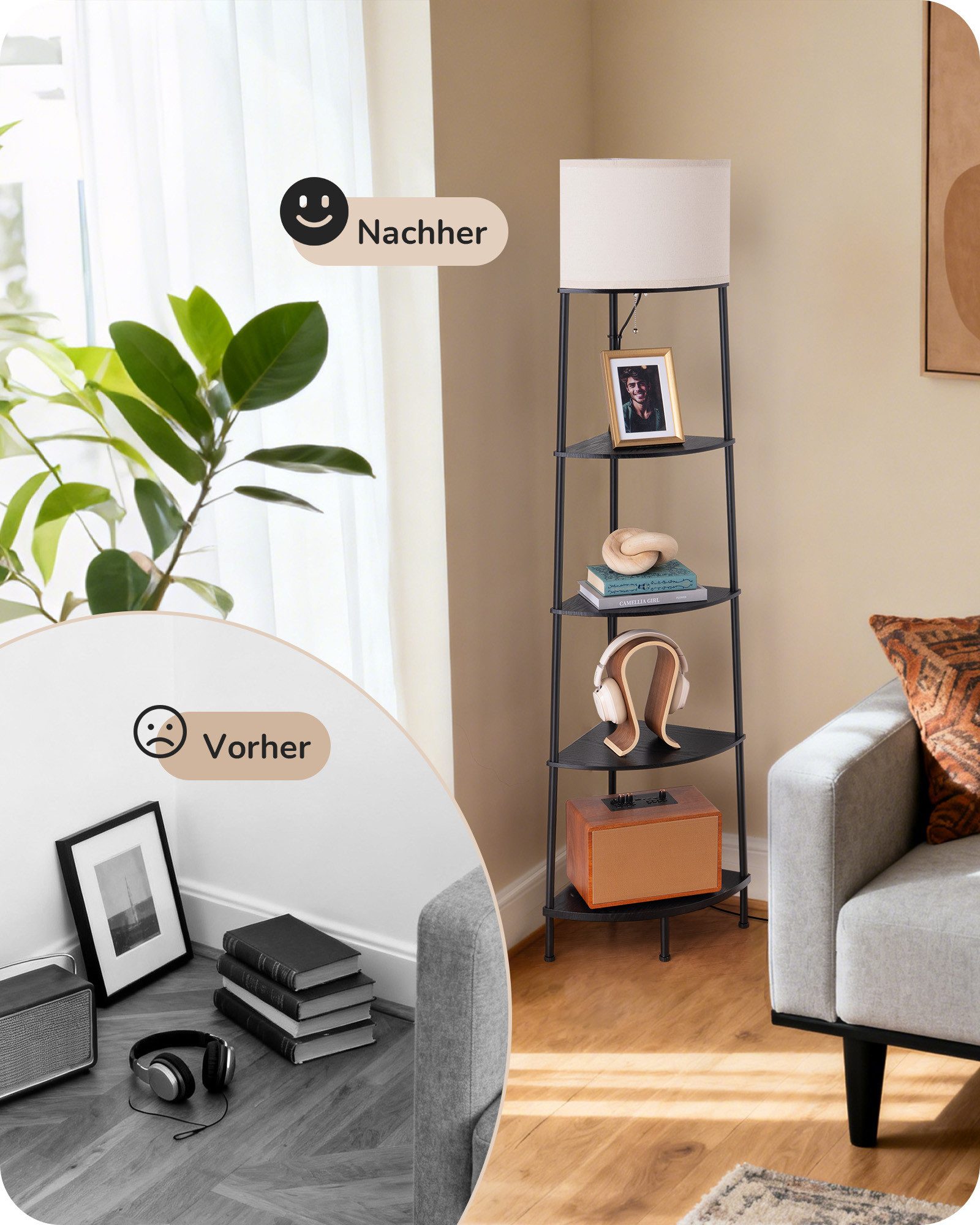 EDISHINE Stehlampe Wohnzimmer, LED wechselbar, warmweiß, LED Stehleuchte mit Regal