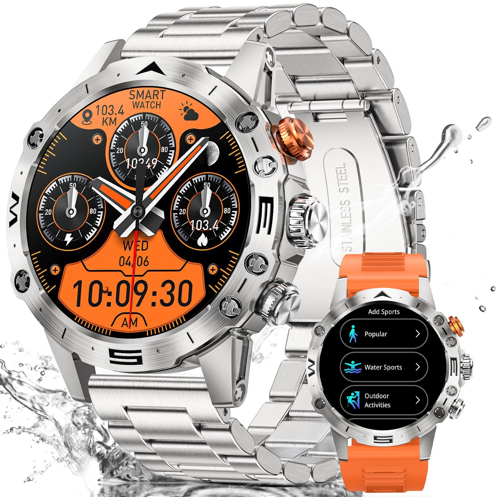 BANLVS 2025 Smartwatch Herren Militär mit Telefonfunktion, Fitnessuhr Herren Smartwatch (3.88 cm/1,53 Zoll) AMOLED Display Sportuhr Herren mit 350 mAh Akku/2 Armbänder, 100+ Sportmodi/Herzfrequenz-/SpO2-/Schlafüberwachung/Kamerasteuerung, KI-Sprachassistent/IP68 Wasserdicht,Schrittzähler für Android iOS