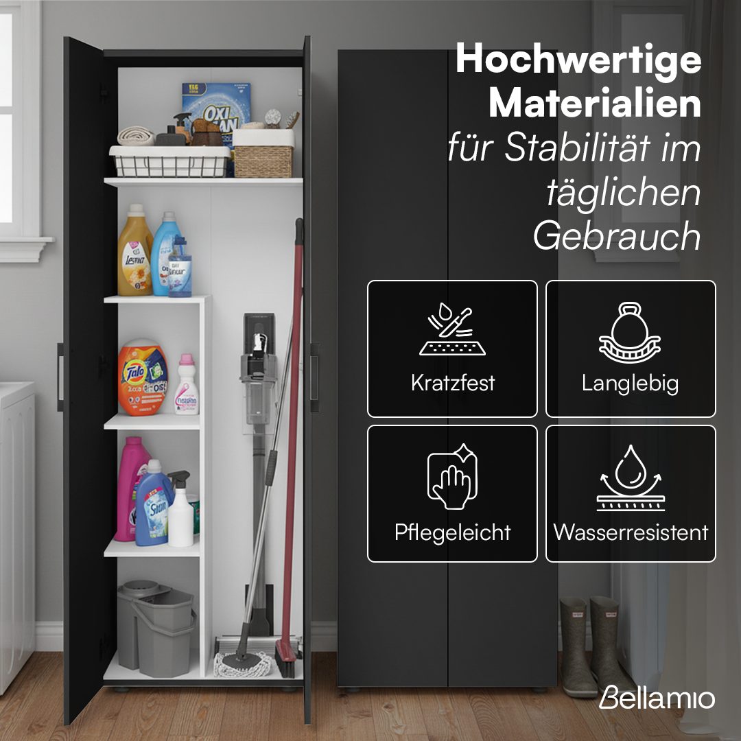 Bellamio Mehrzweckschrank-Set Apol, (Schwarz, 2er-Set), Akten- und Besenschrank mit je 5 Fächern, inkl. Staubsaugerfach