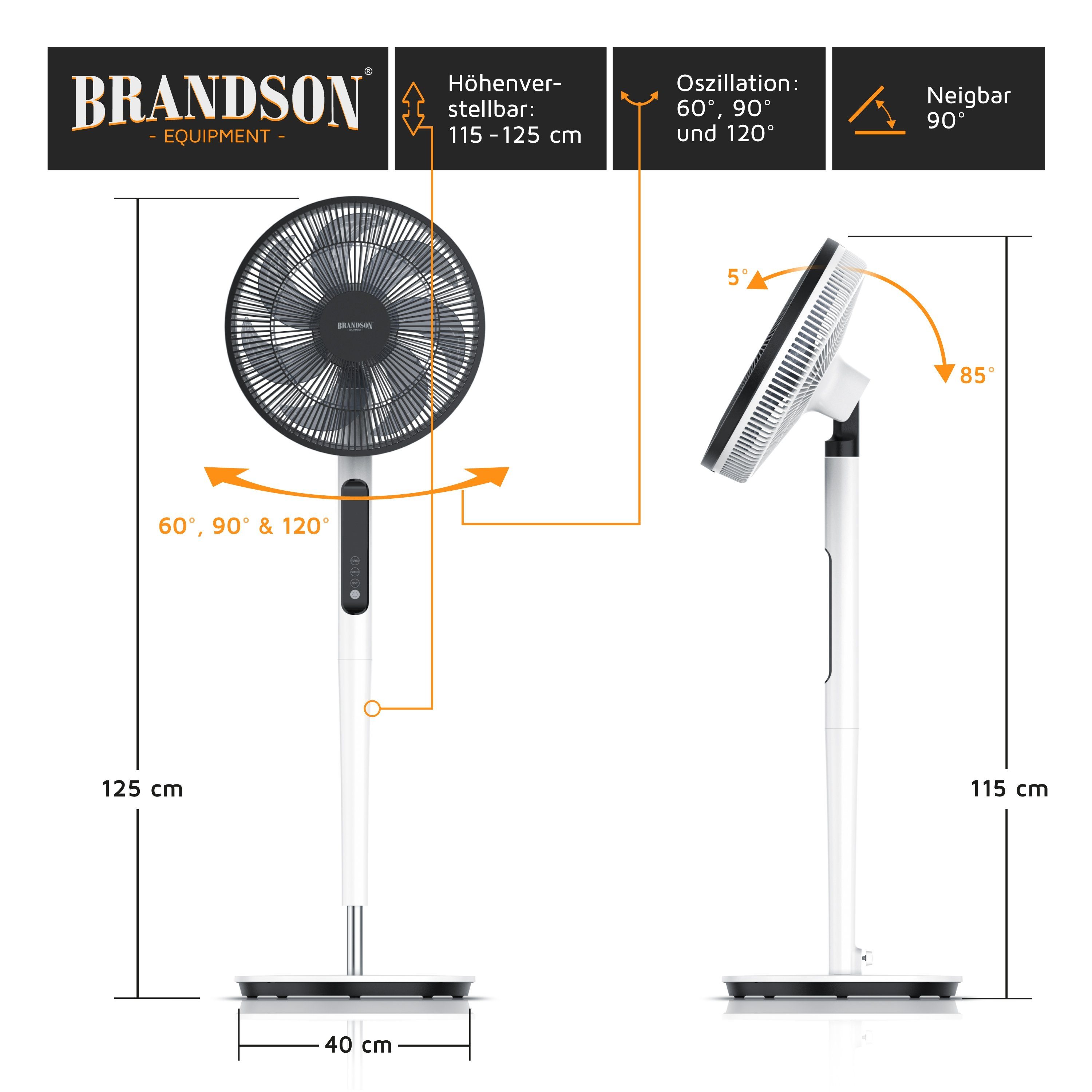 Brandson Standventilator DC, leise, energiesparend, Oszillation, Timer, Fernbedienung, 19 Watt, 40 cm Durchmesser, Preisträger 2025, 9 Geschwindigkeitsstufen, mobiler Lüfter GS-Geprüft