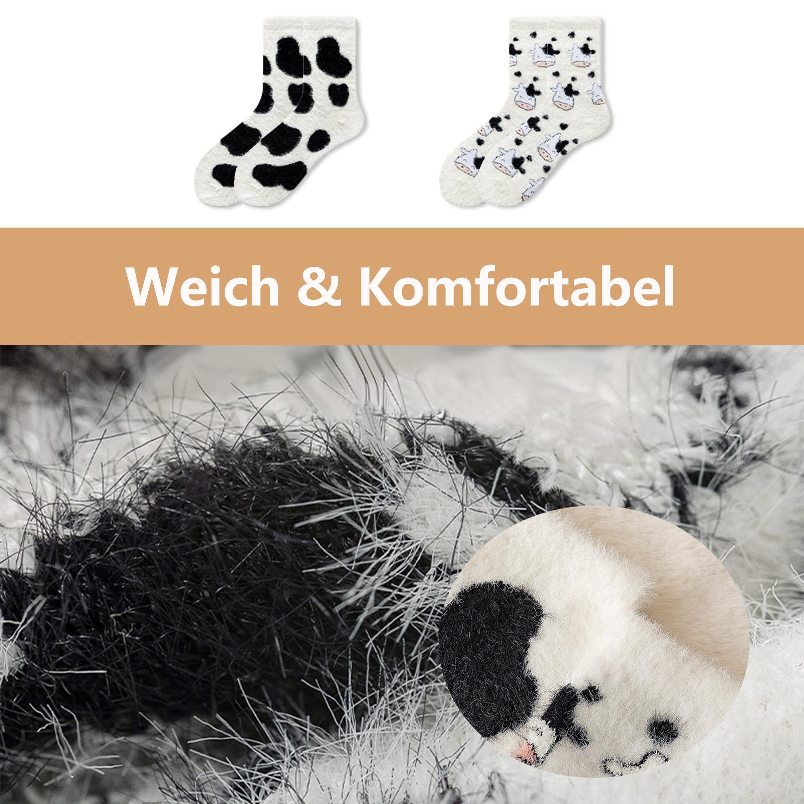 FOUORTUNATE-BEE Socken 4 Paar Damen-Kuschelsocken mit Kuh-Motiv (warme flauschige Wintersocken für Zuhause, 4-Paar, und als Geschenk für Mädchen und Frauen) – Bild 3 von 5