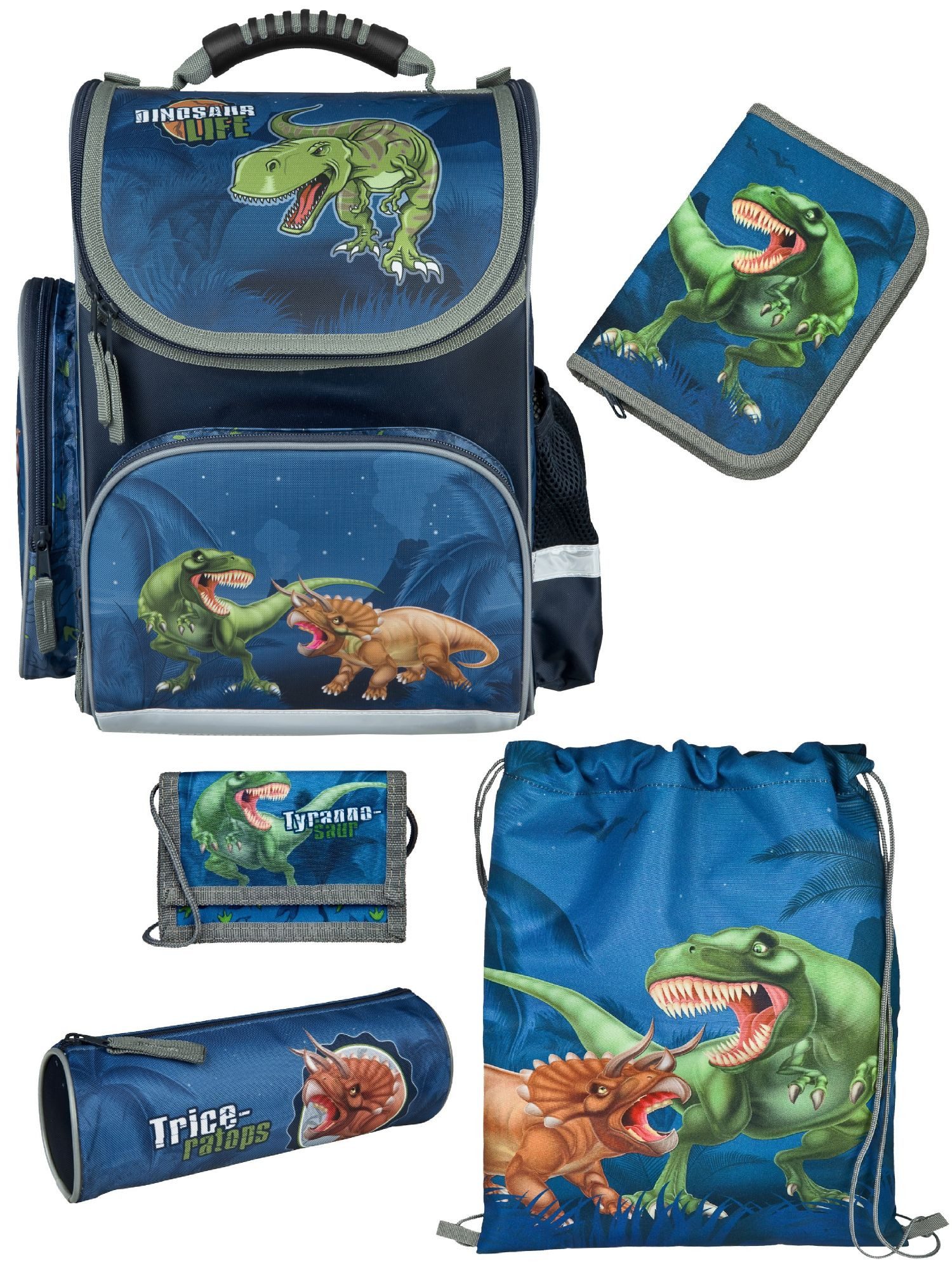 Familando Schulranzen CLOU Schultasche 1.-4. Klasse ergonomisch, leicht, Volumen 15 Liter (Grund-Set, 5-tlg., mit Federmappe, Schlamper, Turn- und Geldbeutel), Dino T-Rex Dinosaurier Motiv