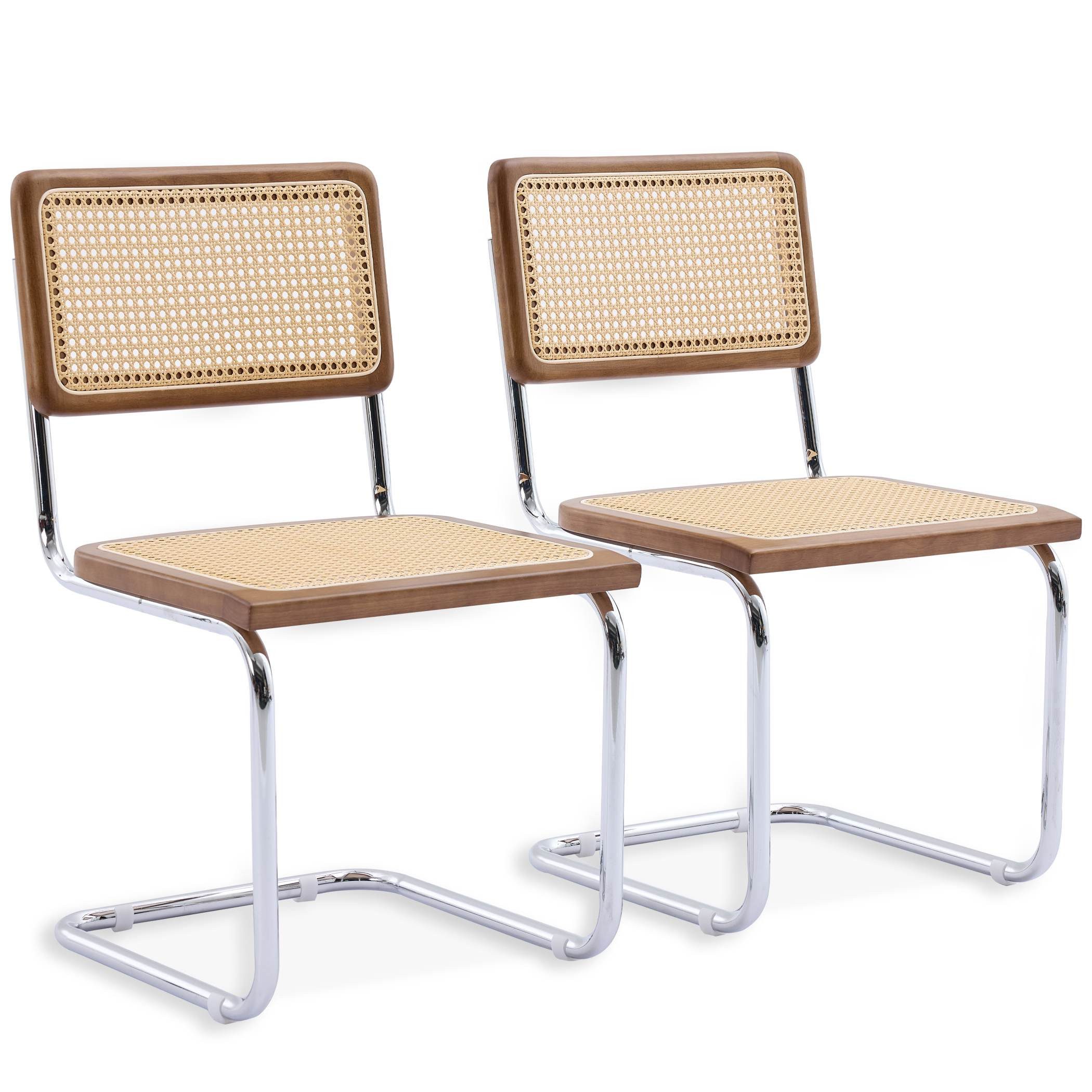 SeedWave Консоль 2er-Set Retro Esszimmerstühle mit Rattan-Rückenlehne & Sitz, Chrom Beine, Stuhlgleiter Консоль, Vintage-Stil