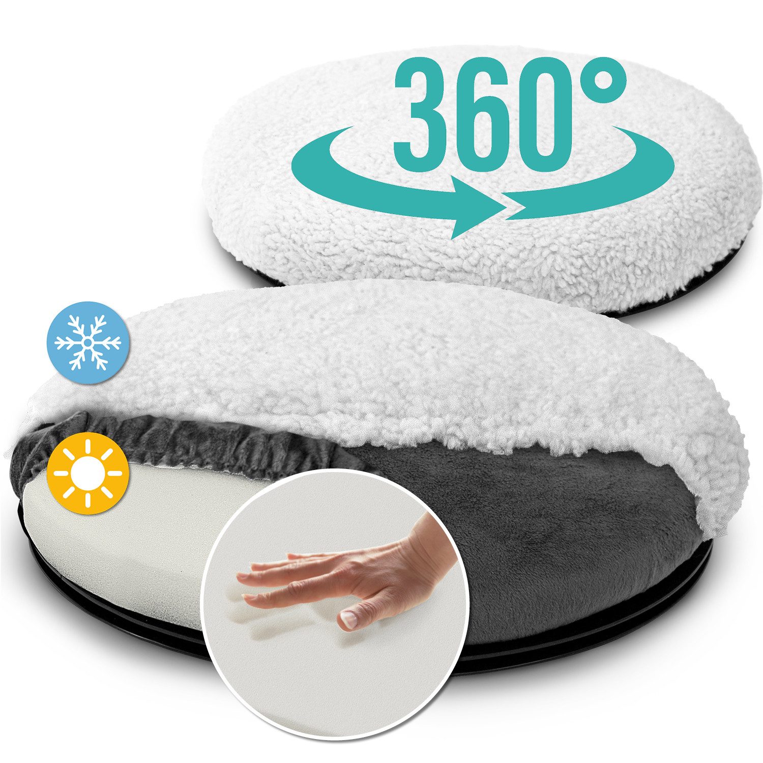 ELONEO Drehkissen ⌀ 39 cm, ideal für Auto, Bett, Sofa & Sessel, 1-tlg., mit zwei Bezügen, 360° drehbar mit rutschsicherer Unterseite, Somme & Winter Bezug