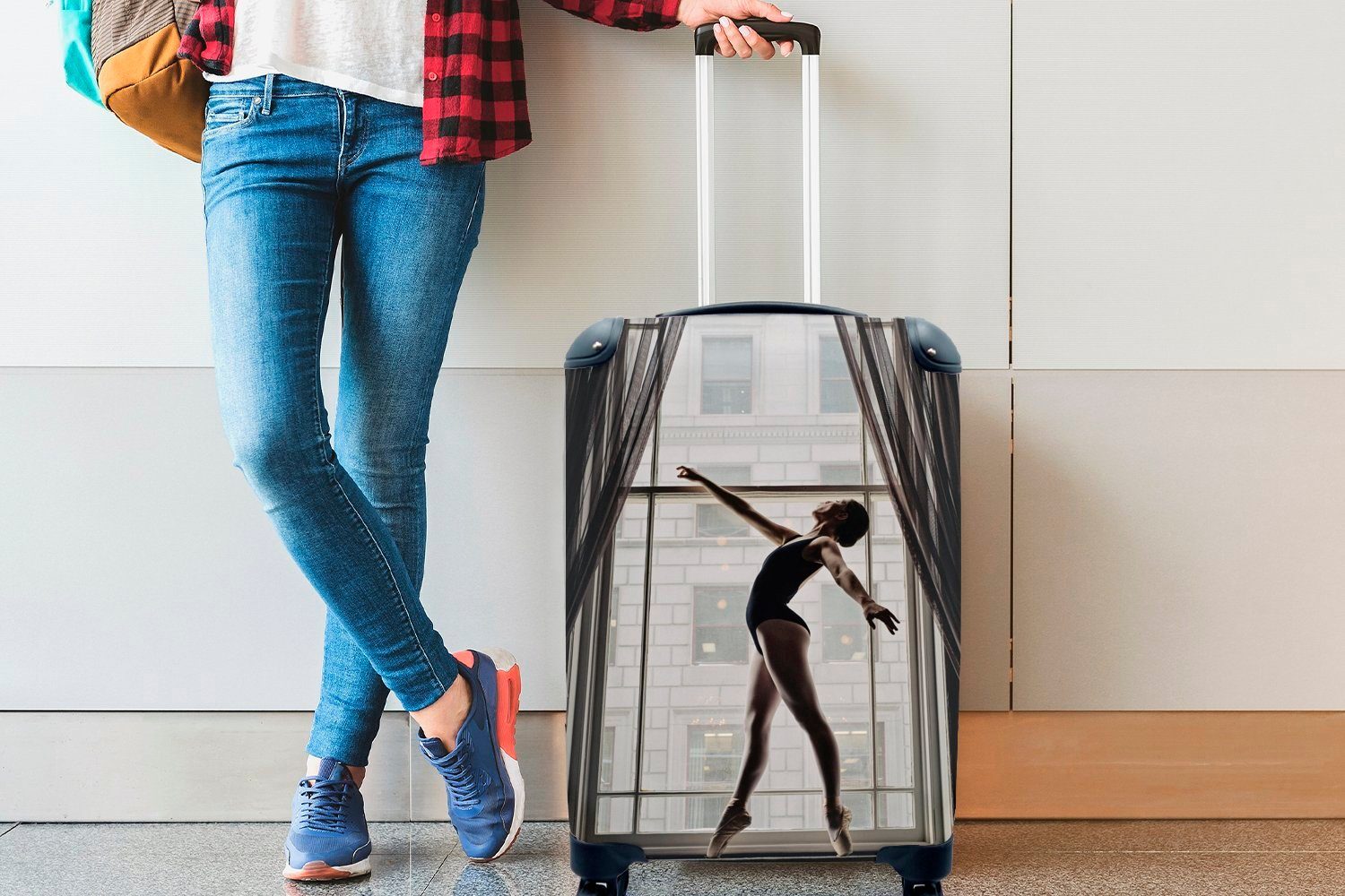 Fenster, vor Ballerina Reisekoffer Ferien, 4 für Reisetasche MuchoWow Rollen, rollen, Handgepäck Tanzende Handgepäckkoffer mit einem Trolley,