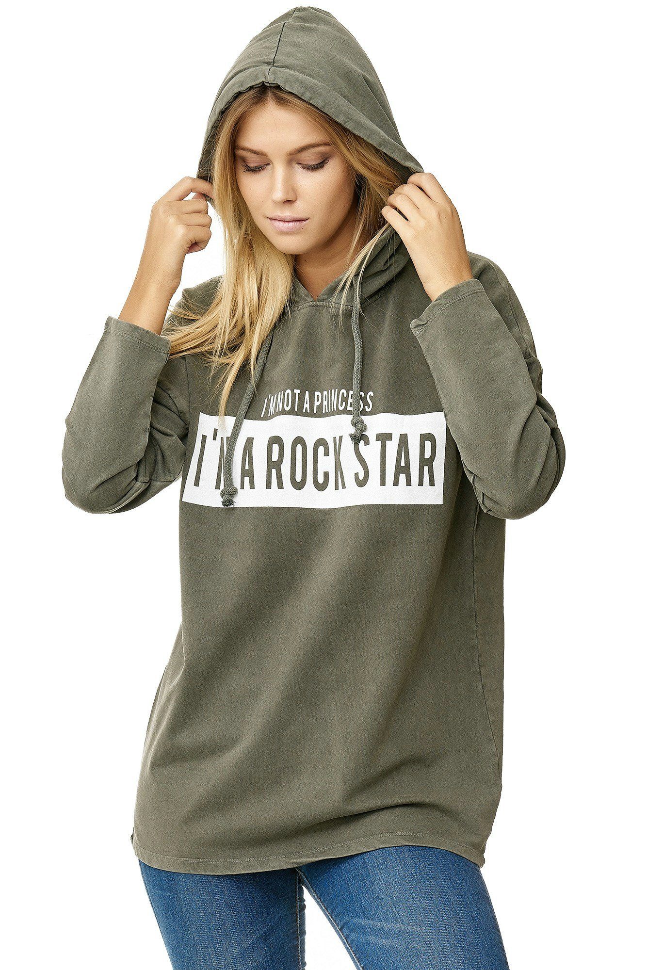 Decay ROCKSTAR-Aufdruck mit khaki Kapuzensweatshirt