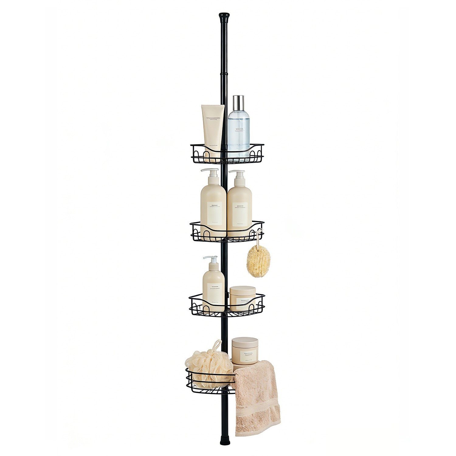 Sekey Duschregal Teleskop-Duschregal ohne Bohren, Eckablagen mit 4 Körbe, Eckregal Bad, 80–310 cm, schwarz