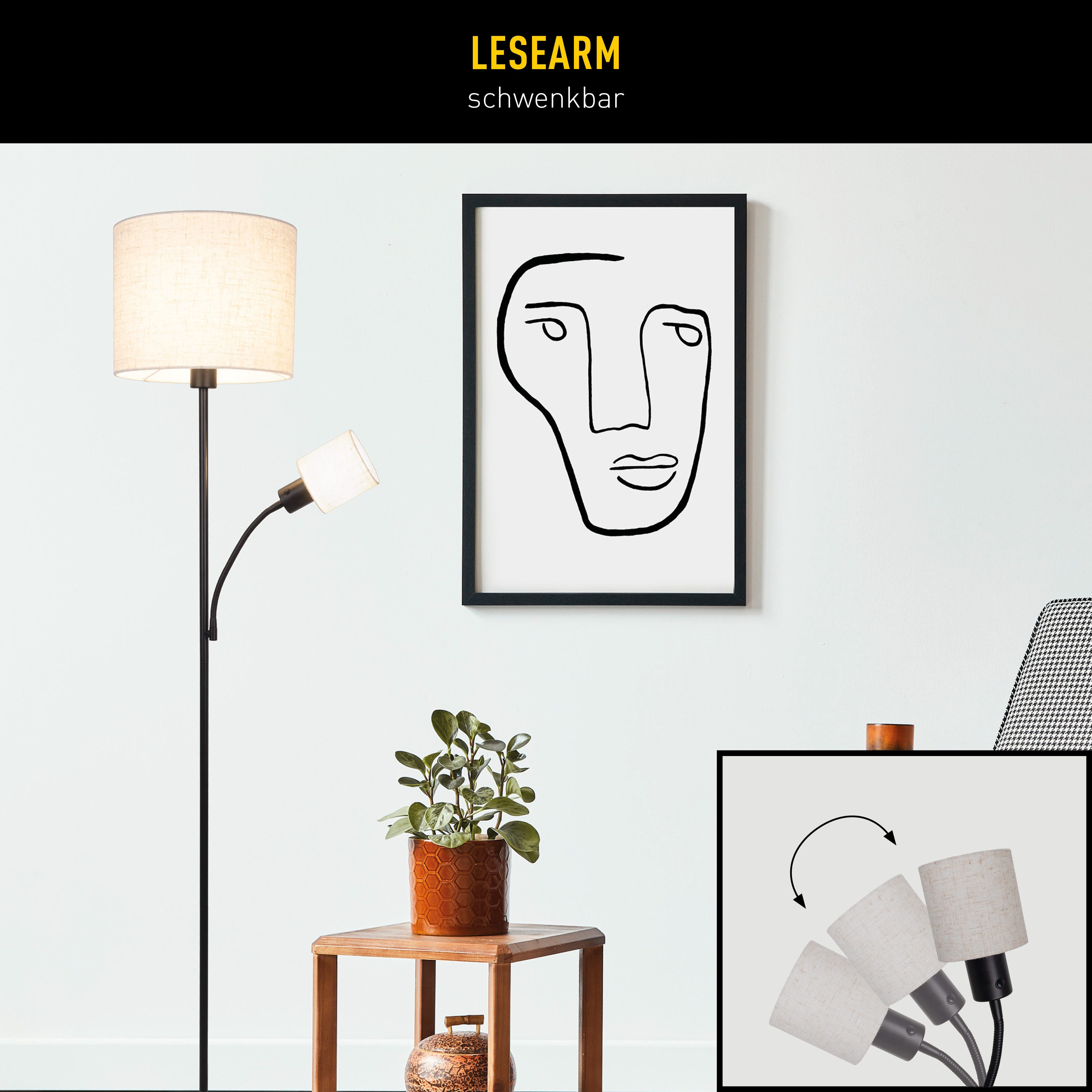 näve Stehlampe Filomena, Lesearm, ohne Leuchtmittel, Schirm braun, inkl. Lesearm, inkl. Druckschalter, H: 165cm