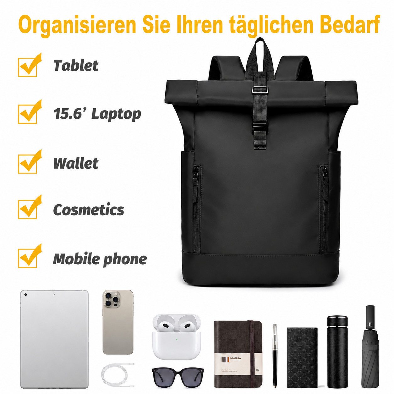 Toomoke Laptoprucksack Rolltop Rucksack Herren Damen, Cityrucksack mit 15,6-Zoll-Fach (Daypack für Büro, Uni und Reise, wasserabweisend mit Trolleygurt), atmung – Bild 3 von 5