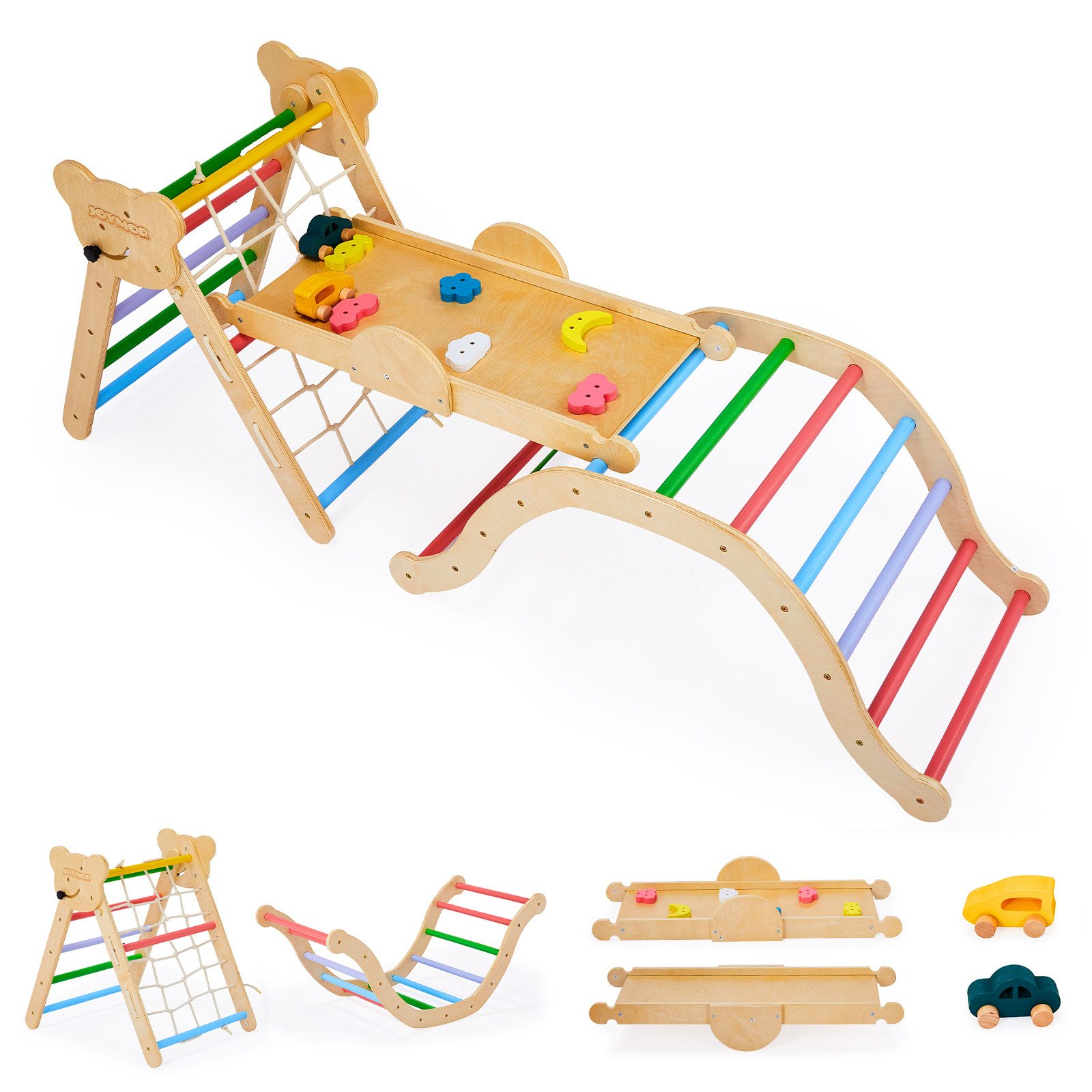 VINGLI Klettergerüst 9-in-1 Montessori Klettergerüst indoor ab 1 Jahr, mit Bärenkopf-Design