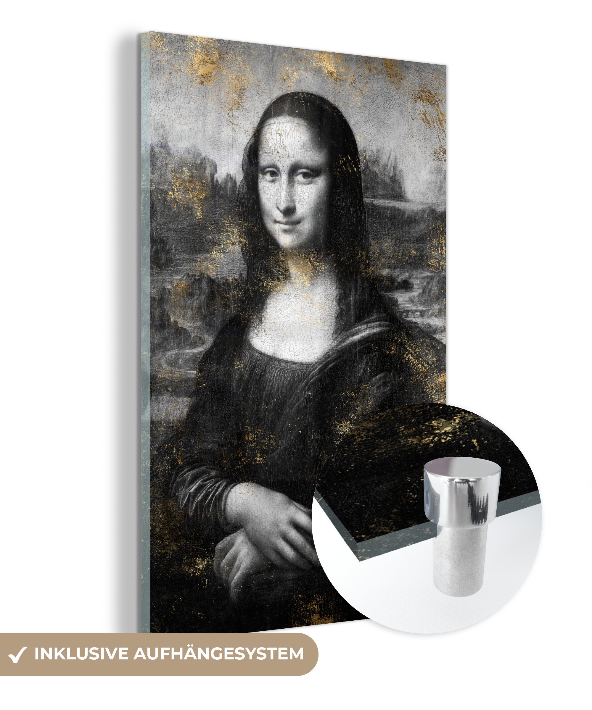 MuchoWow Acrylglasbild Mona Lisa - Leonardo da Vinci - Schwarz - Weiß, (1 St), Glasbilder - Bilder auf Glas Wandbild - Foto auf Glas - Wanddekoration bunt