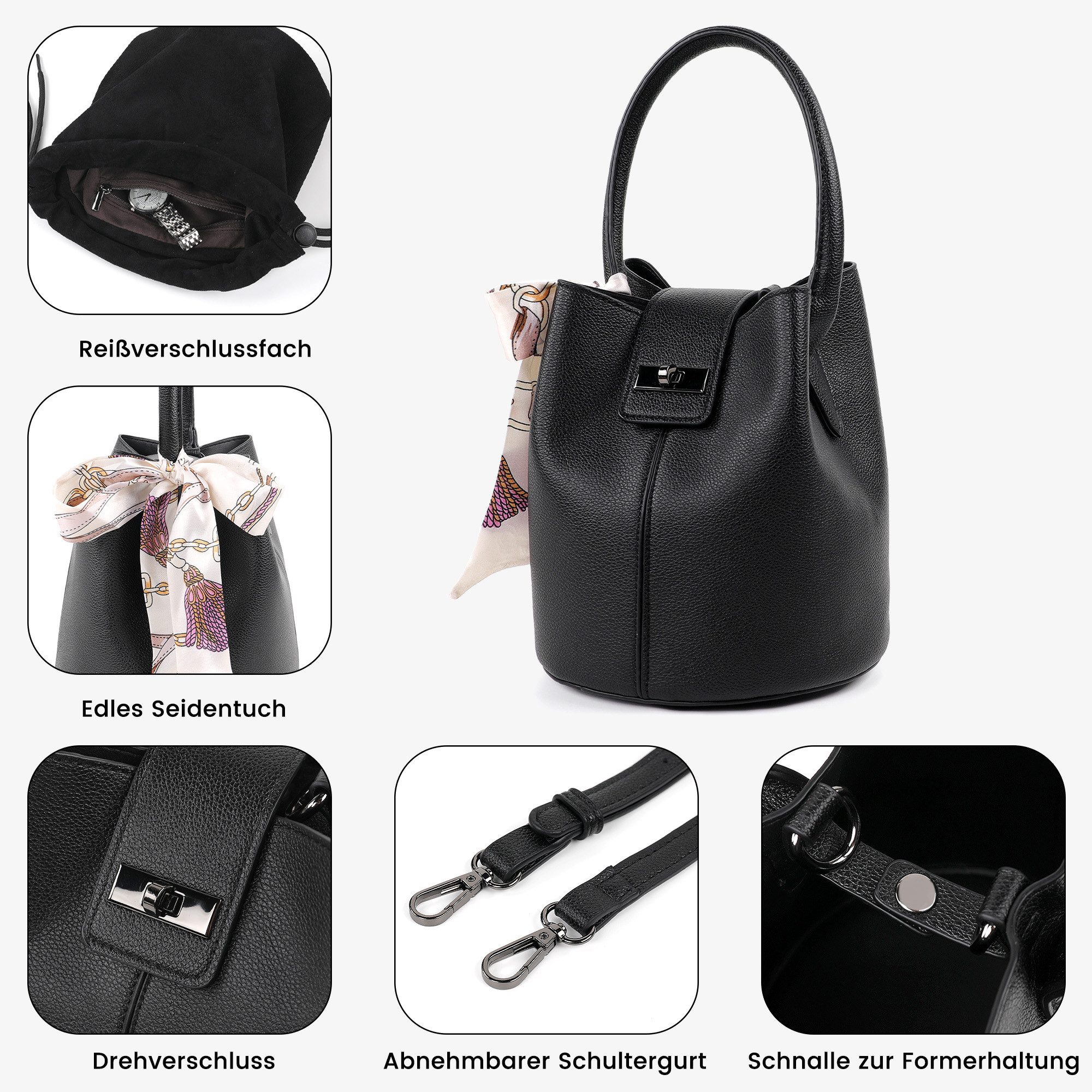 TANTOMI Umhängetasche Damen Beuteltasche Klein, Schultertasche & Umhängetasche, mit Verstellbar Abnehmbarem Schultergurt und Taschentuch