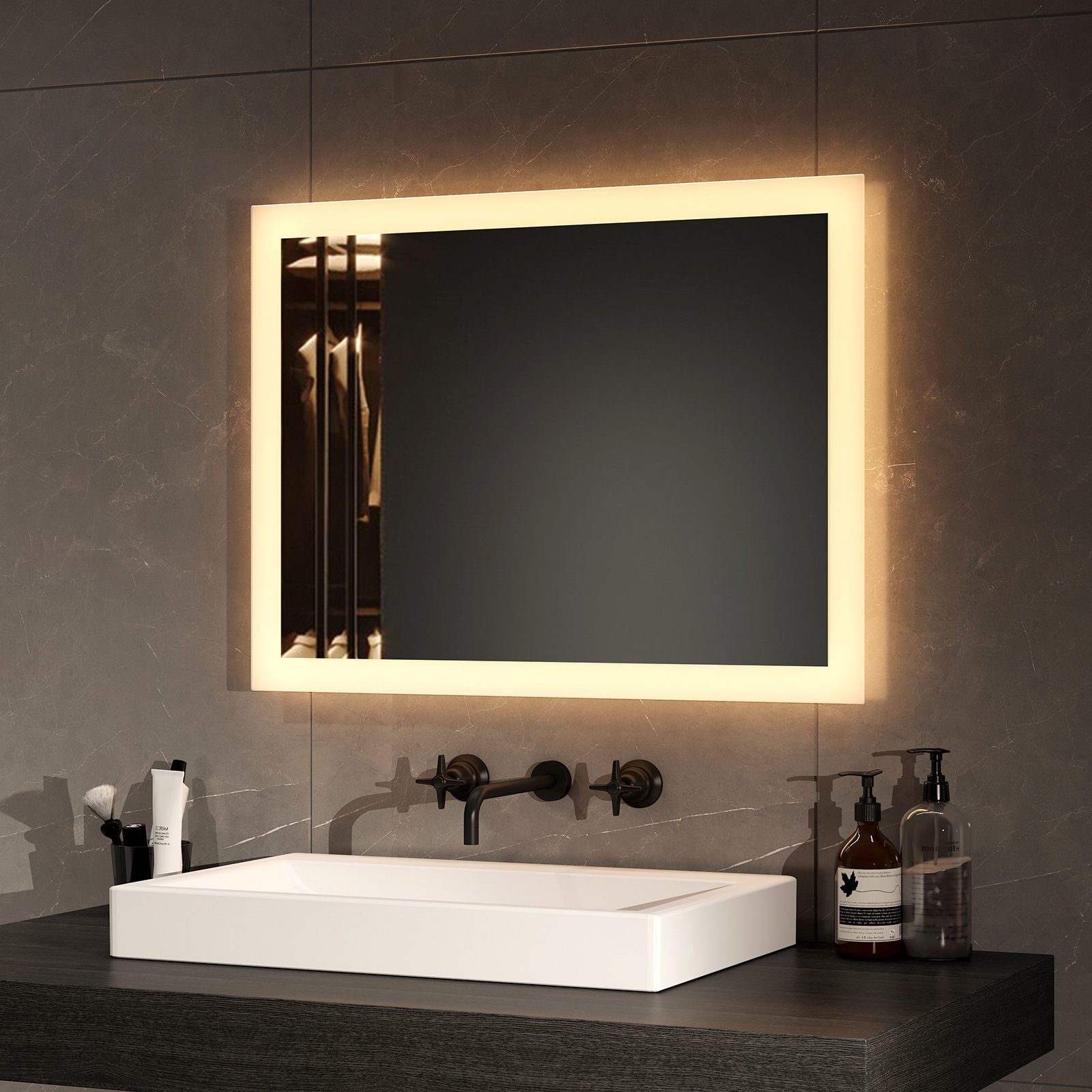 EMKE Badspiegel mit Beleuchtung LED Knopfschalter Warmweiß/Kaltweiß Antibeschlag (Vertikal und Horizontal möglich, Breite: 60~120cm), 2 Lichtfarbe, IP44