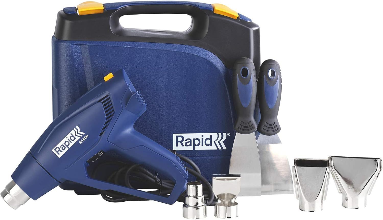 Rapid Heißluftgebläse R1800 Heißluftpistole mit 4 Düsen 2 Farbschaber 1800W Heißluftfön, bis max. 550 °C, (1-tlg), Luftmenge zwischen 250 und 450 Liter pro Minute