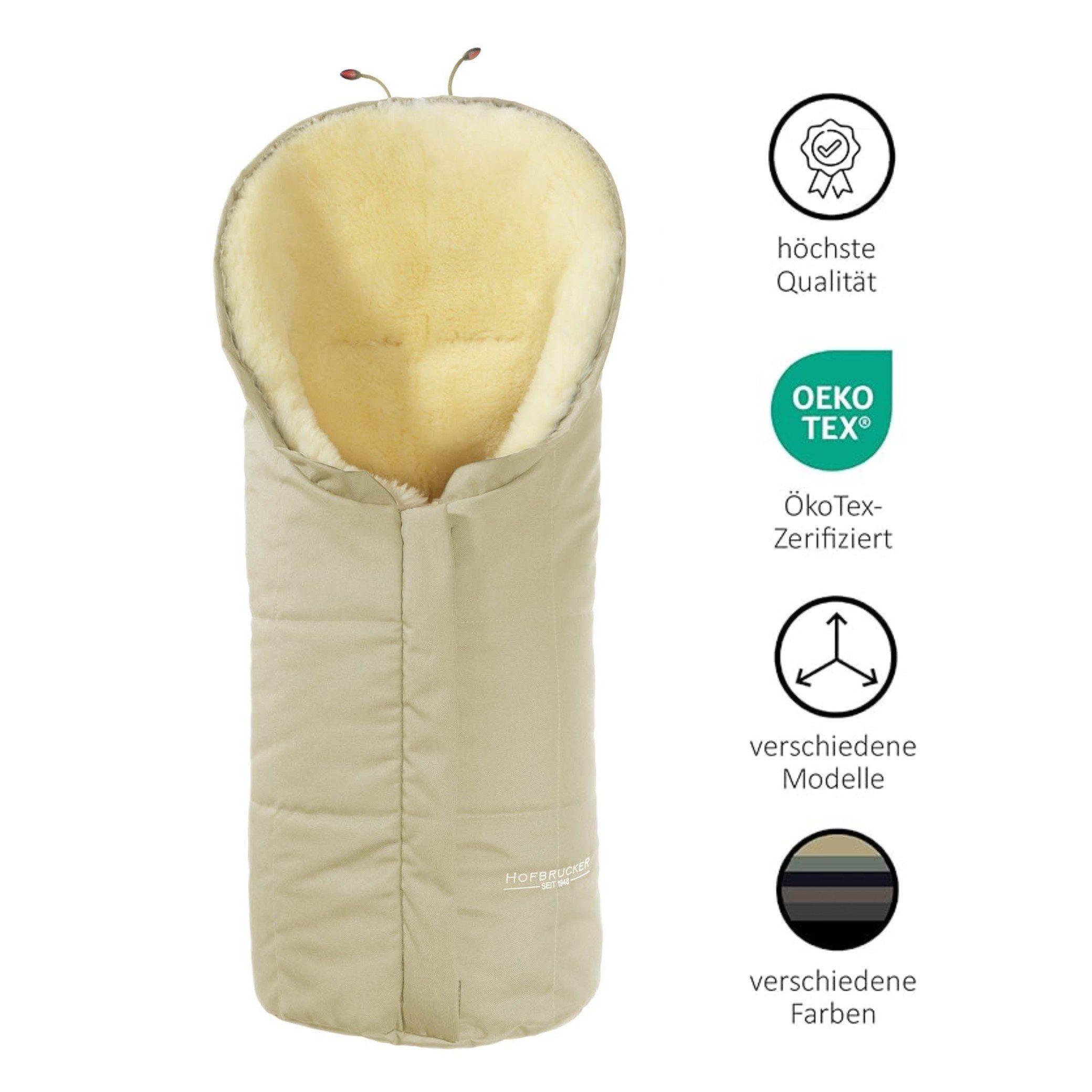 Hofbrucker seit 1948 Fußsack Lammfell-Fußsack Eskimo für Babyschale, Kinderwagen und Buggy, warmer Winterfußsack mit echtem Lammfell wasserabweisend mit mittigem