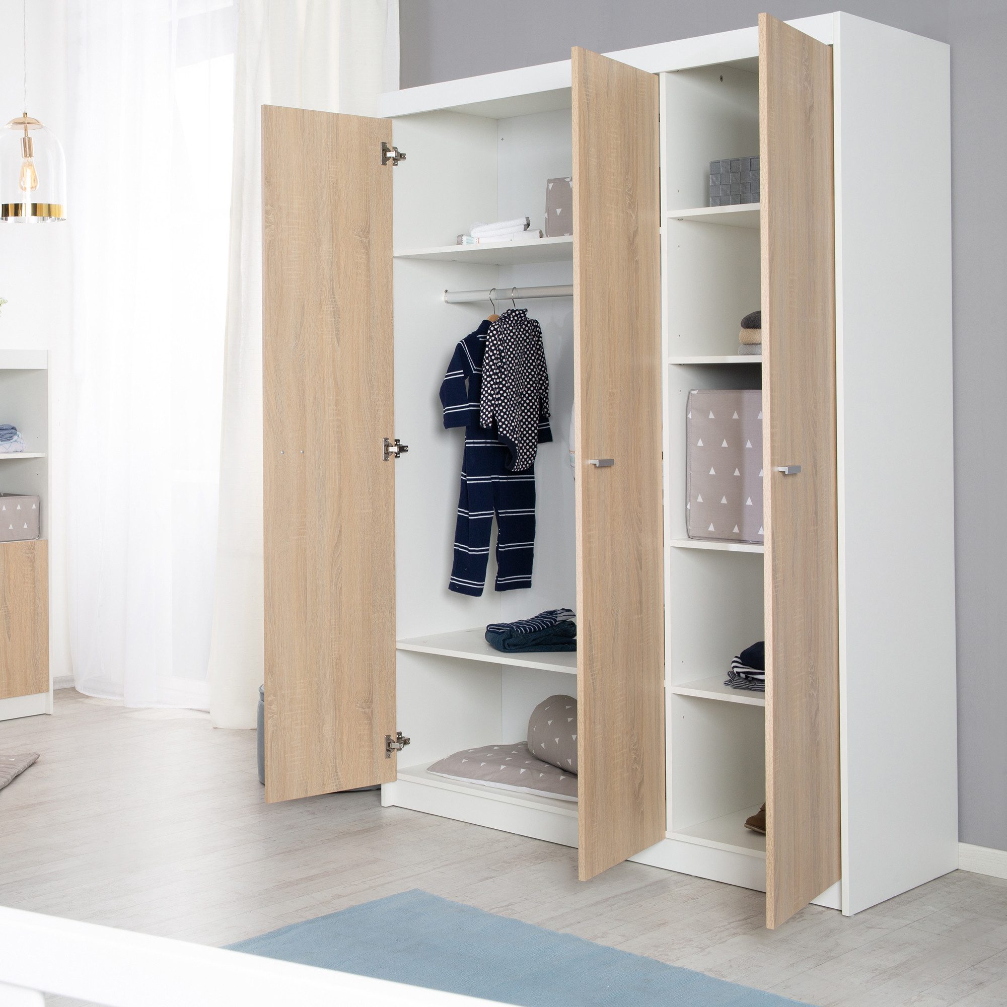 roba® Gabriella 3-piece baby room set - Made of wood - Bicolor - White & Sonoma Oak, (3-piece set, with wide or narrow changing table), crib, changing table & 3-door wardrobe