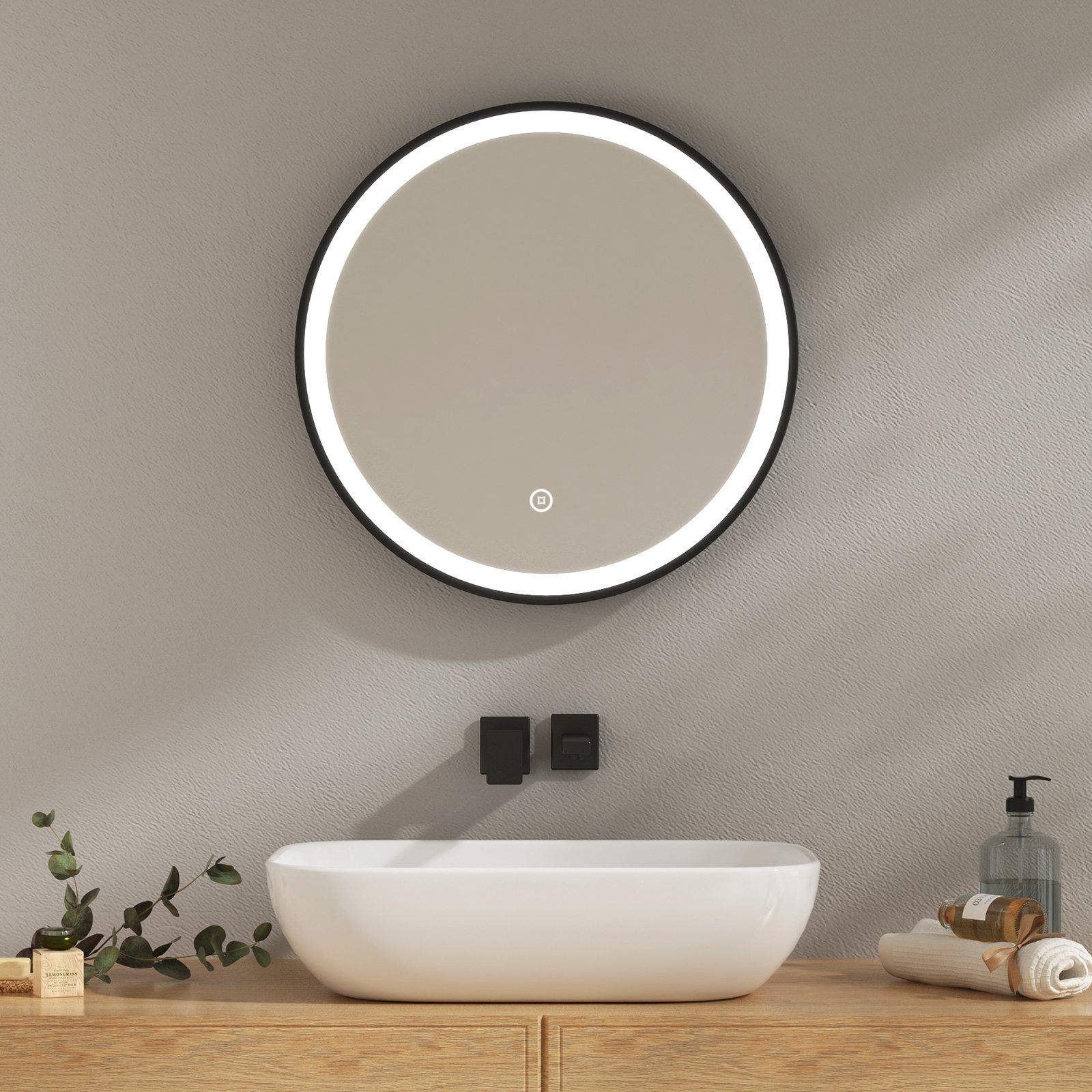 schwarzem Rahmen, Beleuchtung Badspiegel Licht EMKE Badezimmerspiegel Rund Kaltweißes mit schwarzem Badspiegel Intelligenter mit mit Rahmen Touchschalter