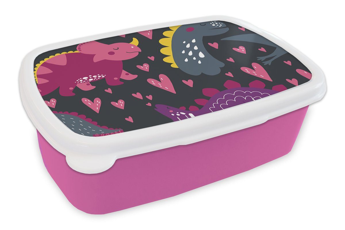 MuchoWow Lunchbox Dinosaurier - Kind - Muster - Rosa - Mädchen, Kunststoff, (2-tlg), Brotbox für Erwachsene, Brotdose Kinder, Snackbox, Mädchen, Kunststoff