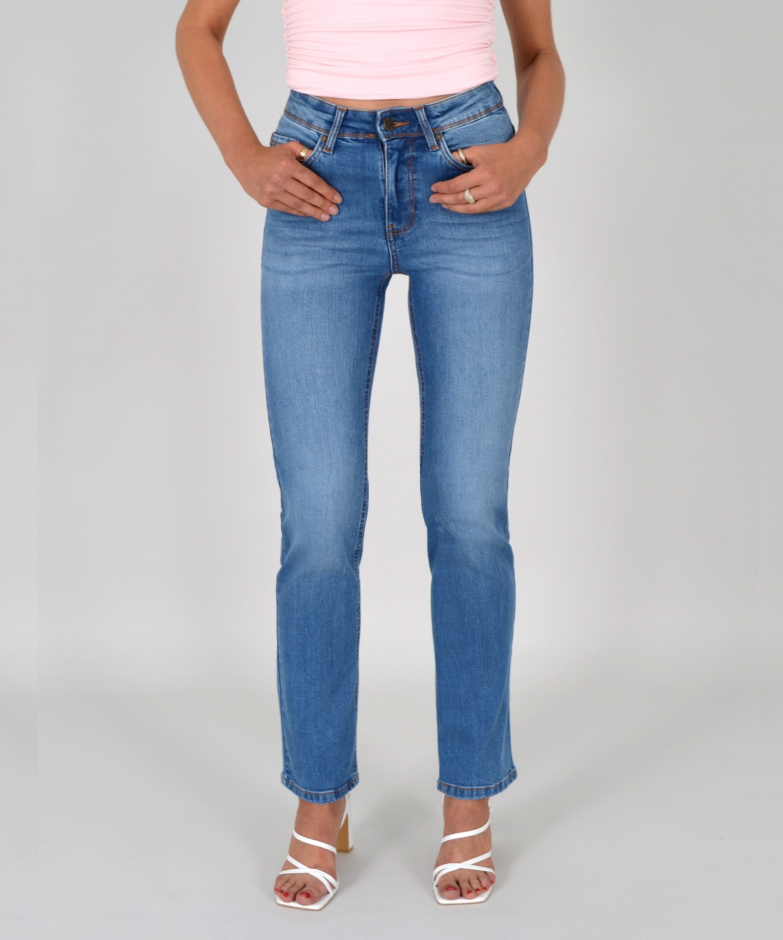 ESRA Straight-Jeans High Waist Straight Fit Jeans Damen Geradeschnitt Hose Straight High Waist Damen Jeans Straight Hose Gerade Schnitt Jeanshose Stretch