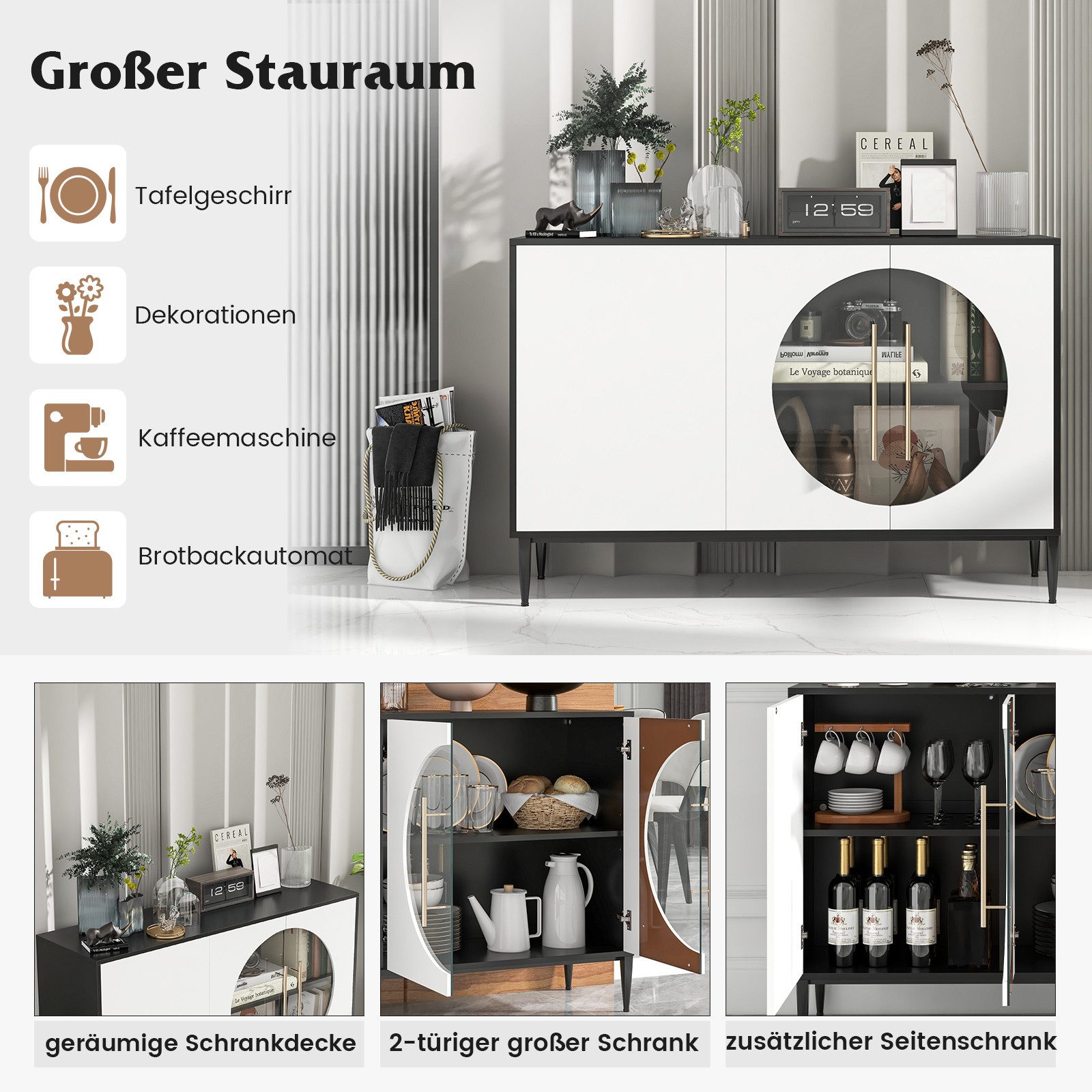COSTWAY Sideboard, Buffetschrank mit Glastüren & Metallbeinen, Holz, weiß günstig online kaufen