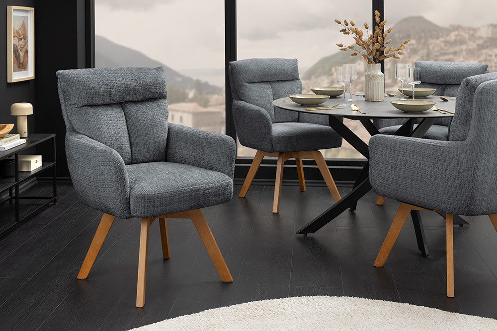 riess-ambiente Polsterstuhl BIG GEORGE grau / natur - Drehstuhl, Chenille, Buchenholz, gepolstert (Einzelartikel, 1 St), Esszimmer · 360° drehbar · mit Armlehne · Retro · Federkern-Polsterung