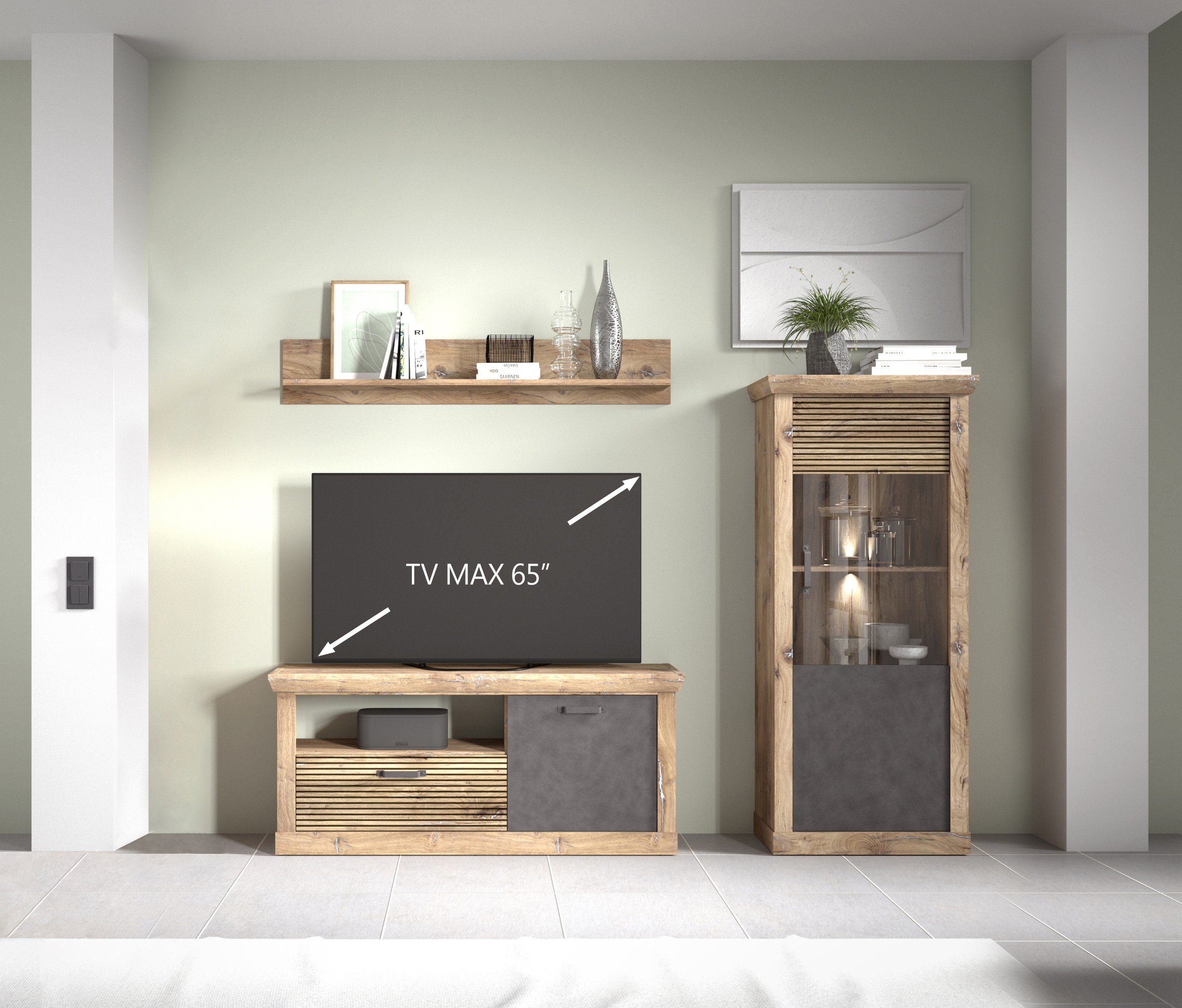 Forestdream Wohnwand in Dekor Lamellen Flagstaff Eiche-Anthrazit mit 2 Türen und 8 Fächern, (BxHxT: 241x180x40 cm)