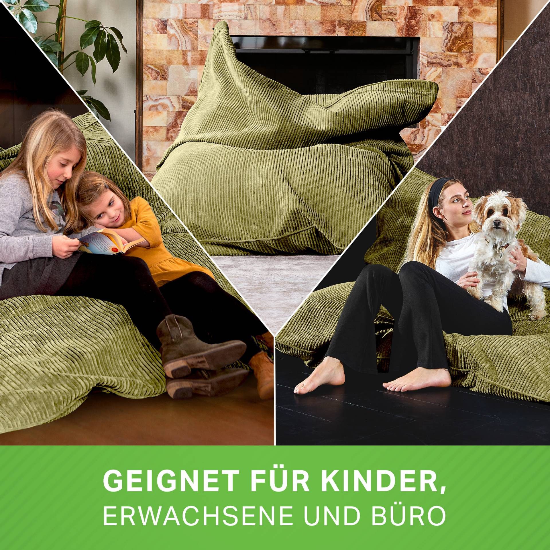 Green Bean Sitzsack XXL Riesen Sitzsack Square aus Cord (XXL aus Cordstoff 370 Liter mit EPS-Perlen Füllung, Kuschelig Weich Waschbar), Sitzkissen Lounge Chair Relax-Sessel Kinder Erwachsene