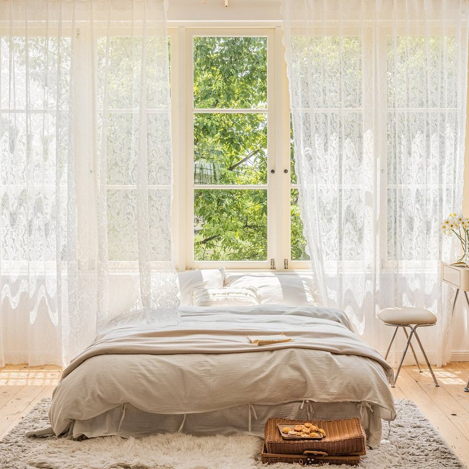 Kräuselband, (1 Transparent Weiß, Vorhänge Voile für Gardinen, mit Gardine Perle, St), Spitze Stickerei Wohnzimmer Vorhang Sunicol, Schlafzimmer