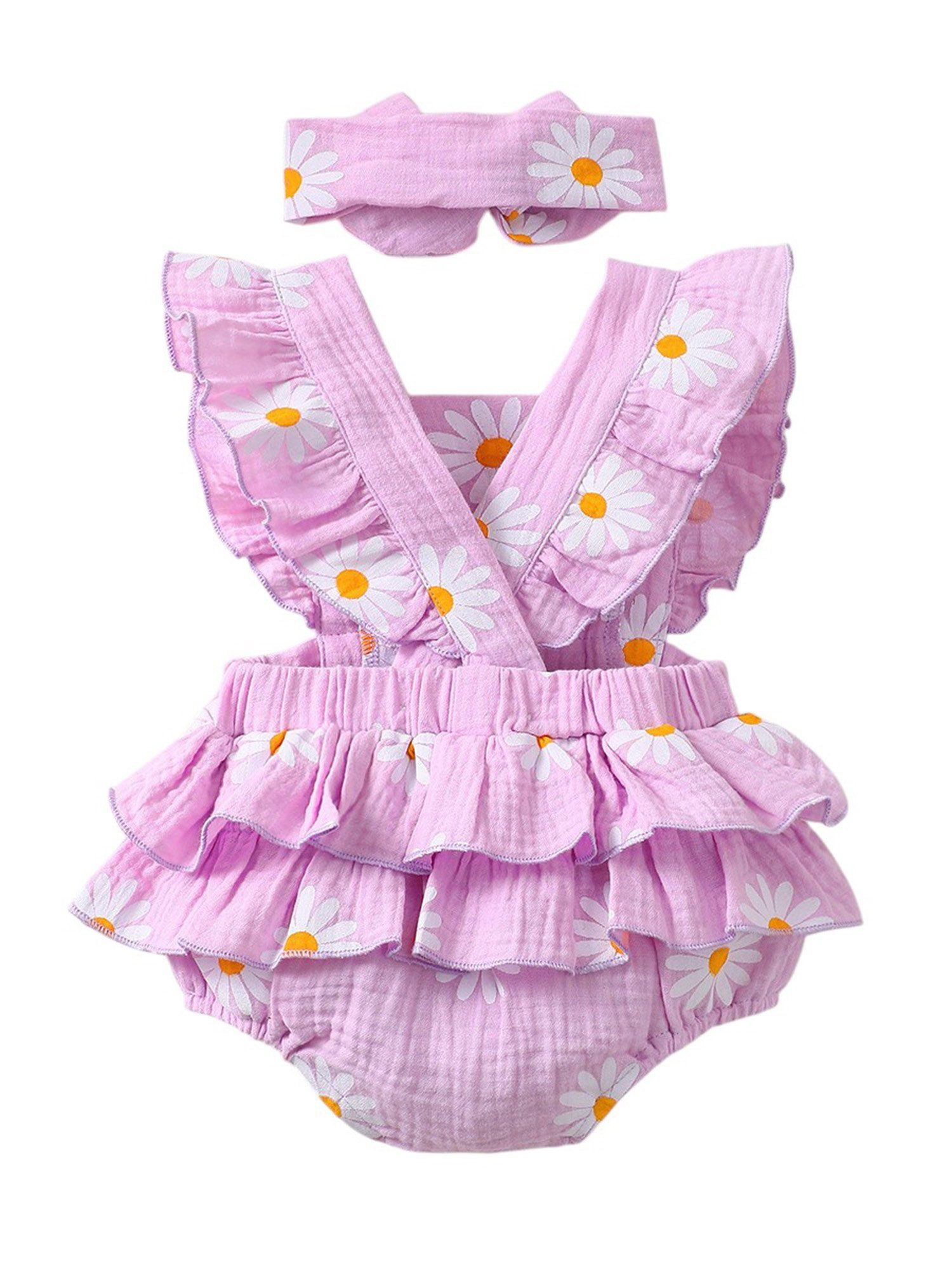 Gluckids Strampler Sommer Outfit für Babymädchen, Body mit Rüschen aus Baumwolle Haarband (Set, 2-tlg) mit Blumenmuster,Krabbelkleidung für Neugeborene, festliche Party