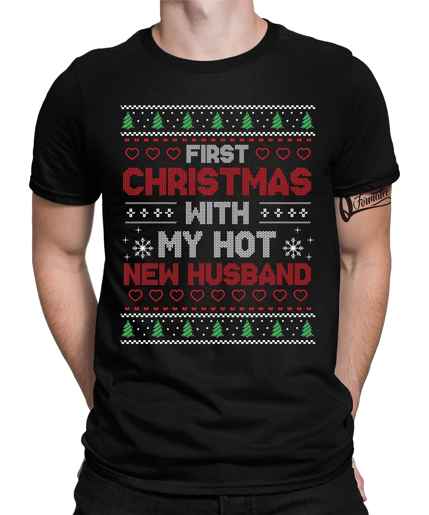 Quattro Formatee Kurzarmshirt Christmas Hot Husband - Weihnachten X-mas Weihnachtsgeschenk Herren (1-tlg) Schwarz