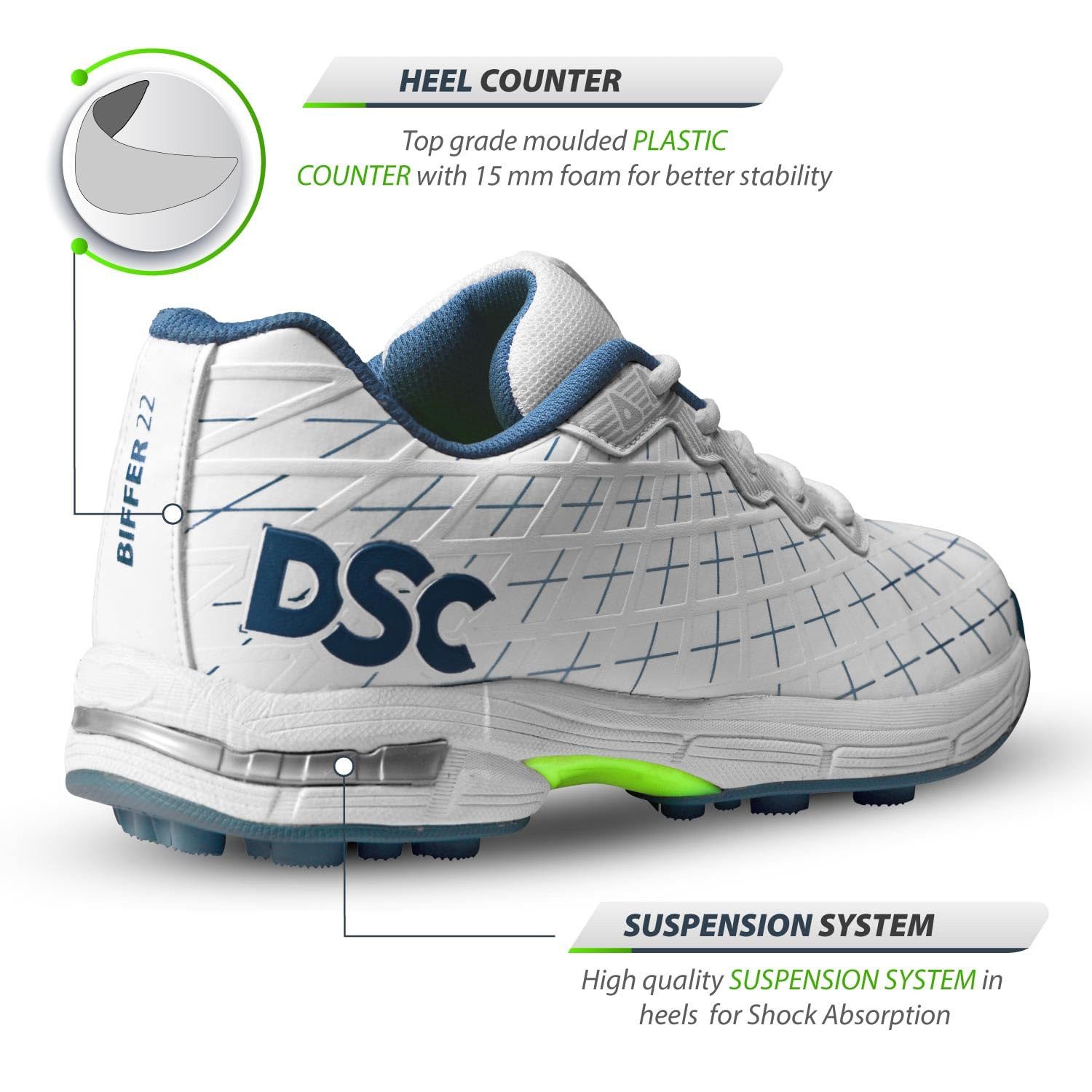 DSC Biffer 22 Cricket-Schuhe, Leichtes Obermaterial, Gummi-Außensohle, Outdoorschuh (1 Paar Cricket-Schuhe, Für Männer und Jungen, Kunstleder, Atmungsaktiv und superweich) Lesser Foot Fatique, Bietet einen einzigartigen Look
