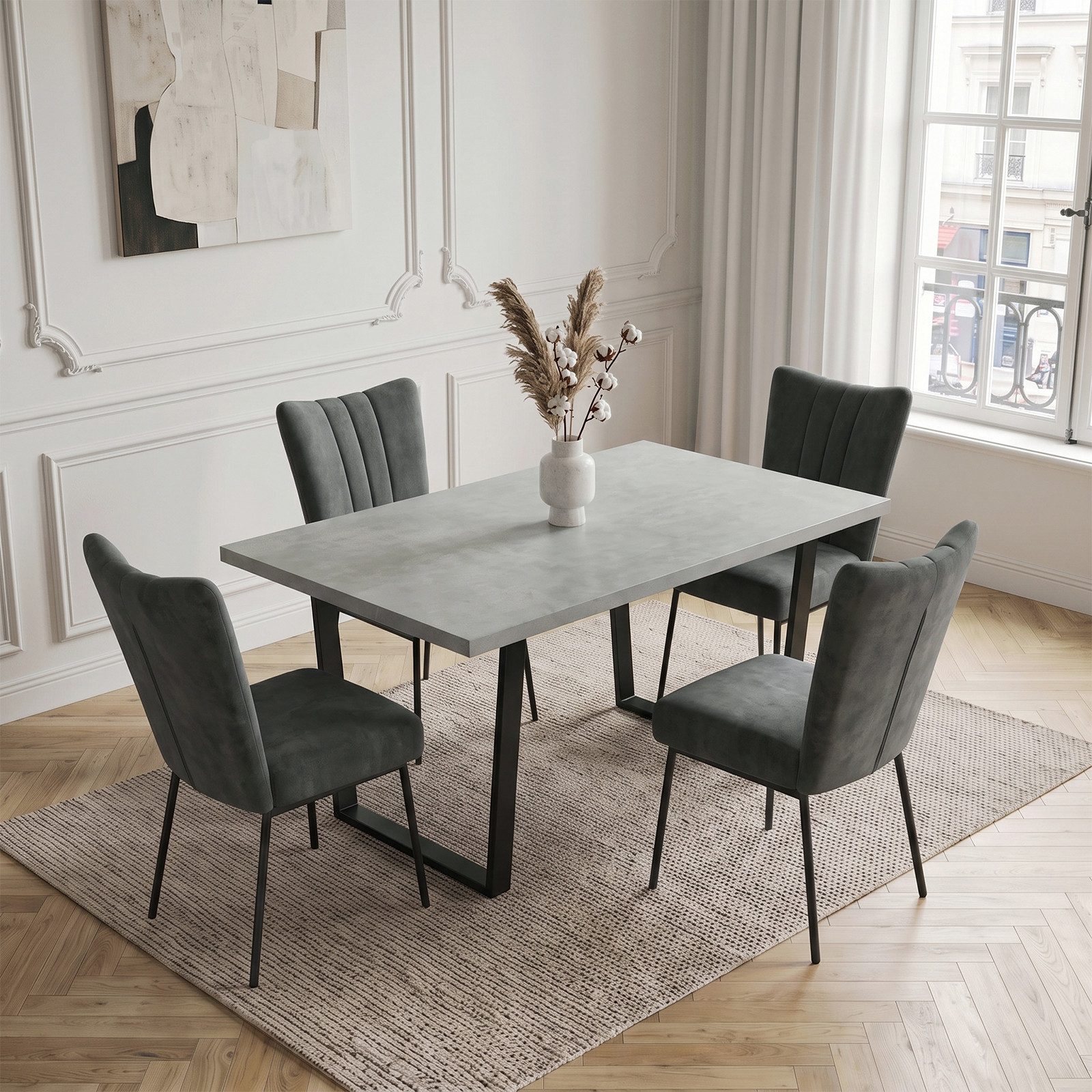 Jiexi Essgruppe Essgruppe 110x70 MDF Tisch mit Samtstühlen U-Metallgestell